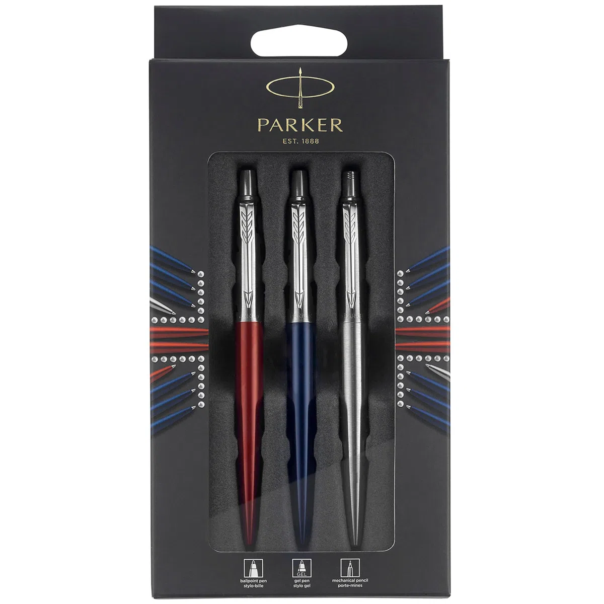 Parker Jotter London paquete Trio Discovery: bolígrafo de color azul Royal, bolígrafo de gel de color rojo Kensington y portaminas de acero inoxidable