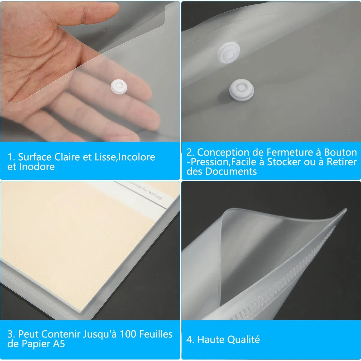 60 Piezas Carpeta para Documentos A5, Fundas Transparentes Plástico con Botón, Carpetas Plastico A5 Transparentes para Organizar la Oficina y el Trabajo en Casa en la Escuela