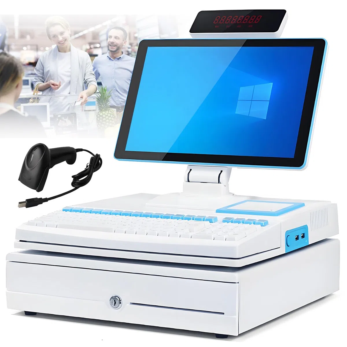 Sistemas POS inteligente todo en uno con pantalla táctil, caja registradora para negocios, impresora térmica integrada de 58 mm, cajón de efectivo, escáner portátil, Windows 10 White-SingleScreen