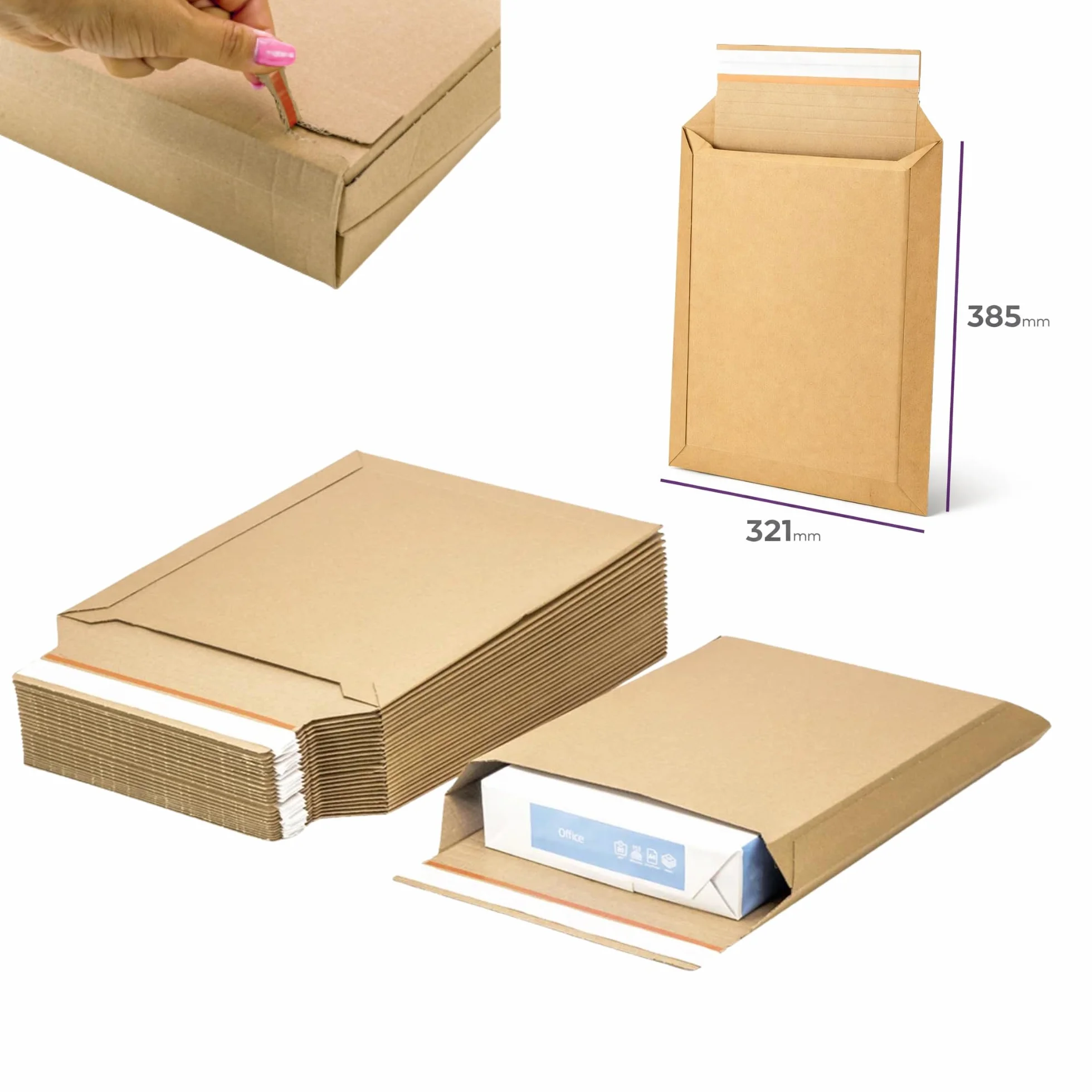 Sobres de Envío de Cartón Rígido A4+ 385 x 321 mm Fuelle Expandible 70 mm Cierre Autoadhesivo Tira Abrefácil