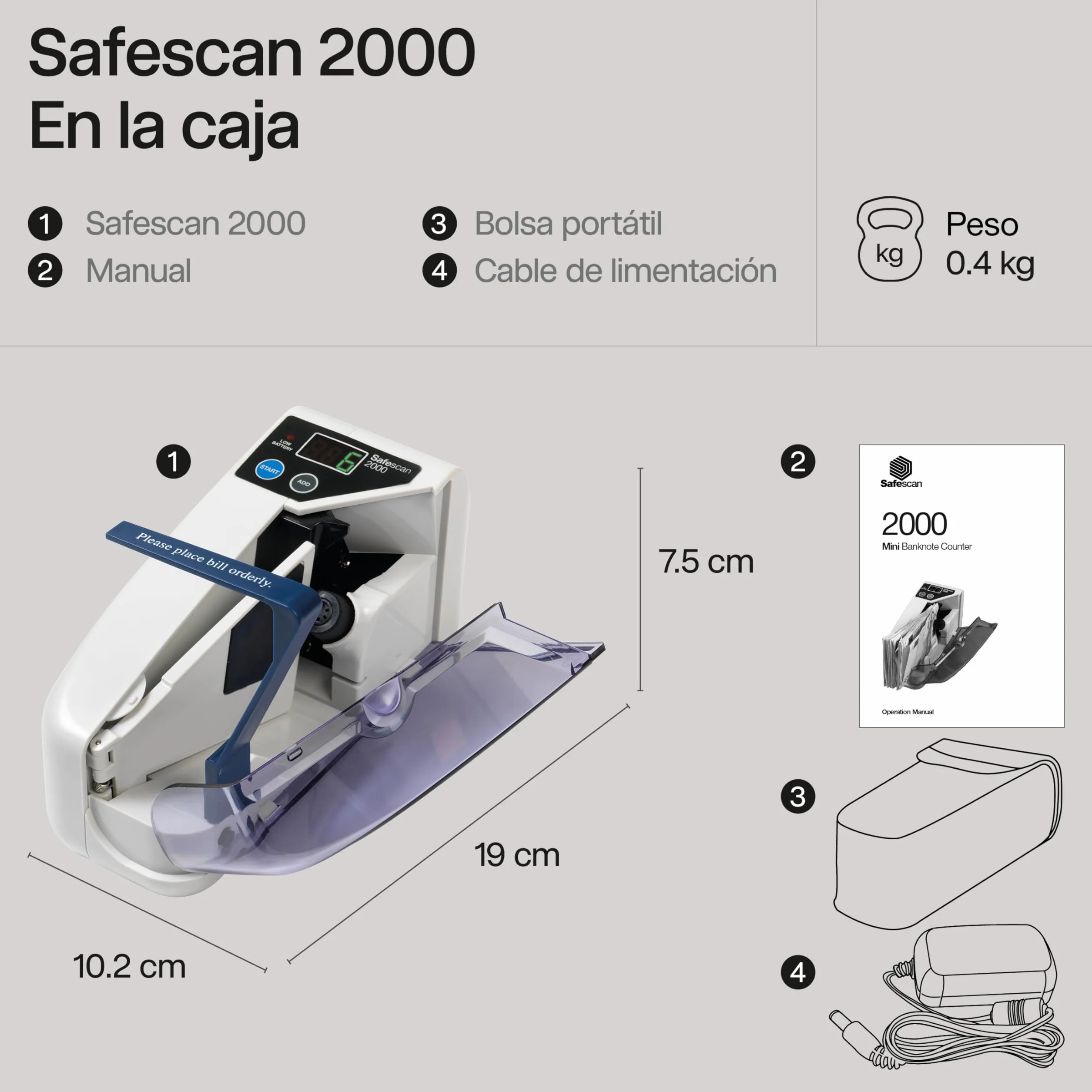 Safescan 2000 Contadora de billetes portátil para contar billetes clasificados - Para contar en cualquier lugar - Máquina para contar billetes clasificados de todas las divisas