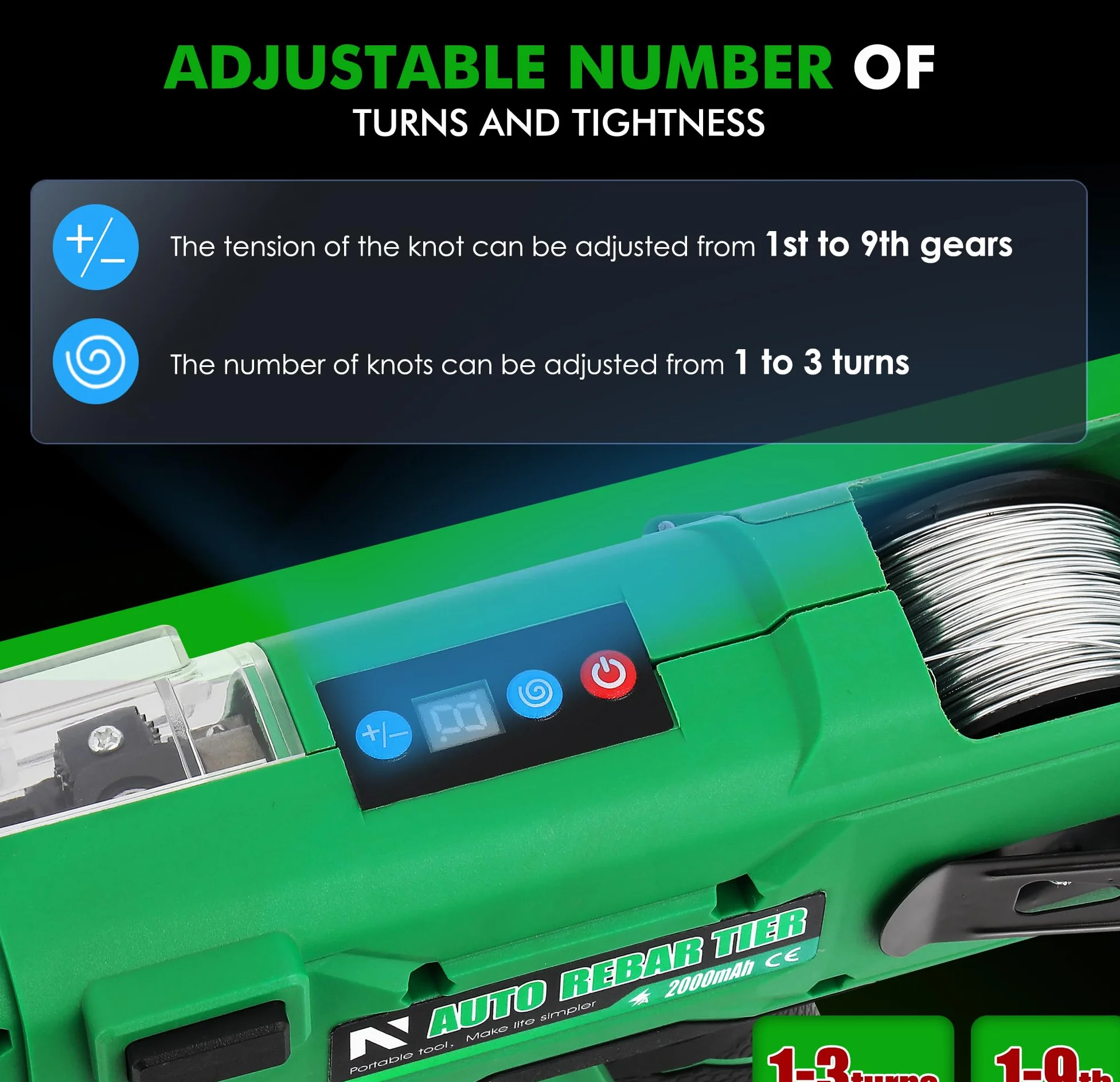 NEWTRY 20V Atadora Alambre de Ferralla Automática Cerradora para Barras de Acero de 0,3 a 1,33 Pulgadas (7~34 mm), con 2 piezas. 2.0 Ah Batería y Cargador
