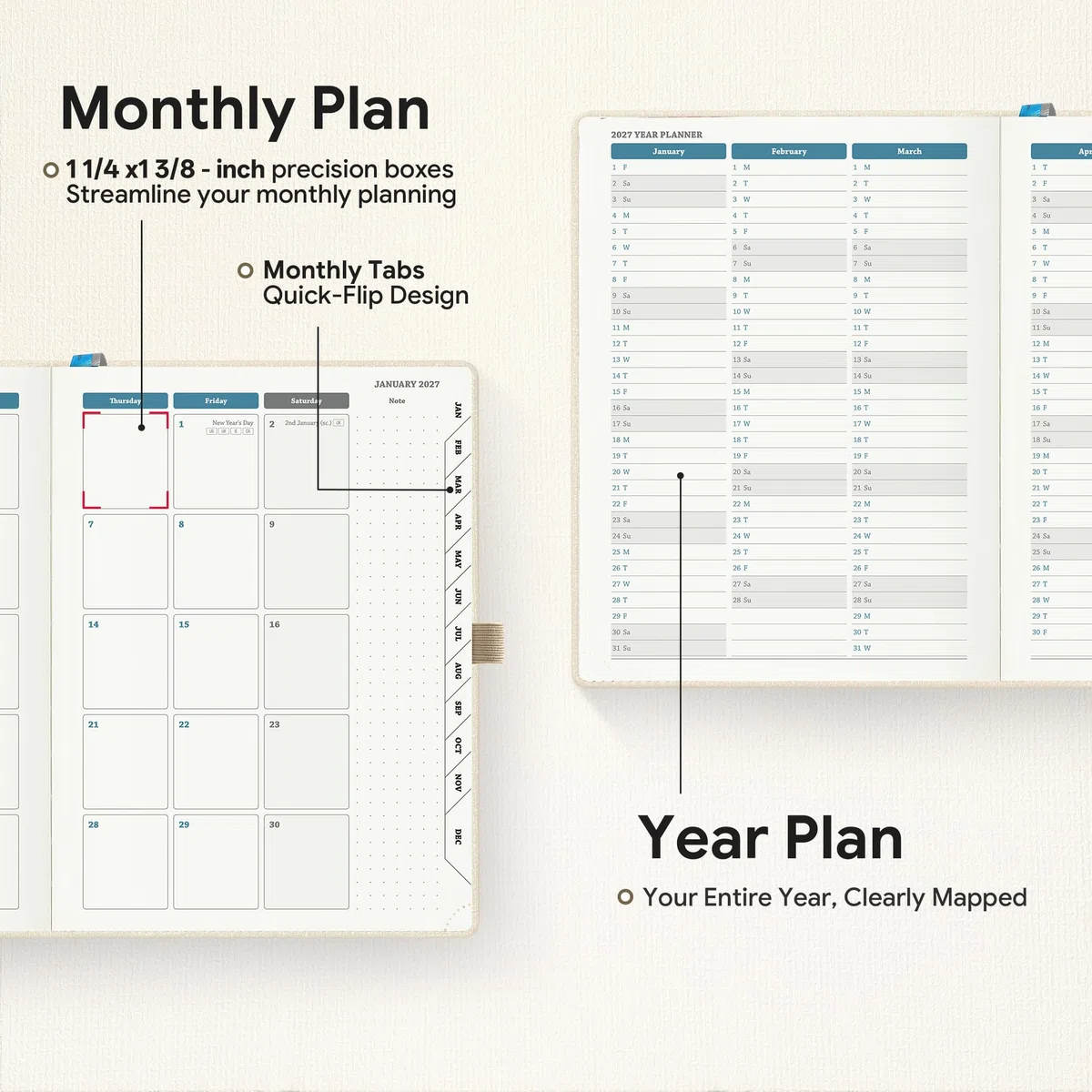 Agenda semanal y mensual 2026-2027 con ranuras horarias, calendario académico de 18 meses de julio de 2026 a diciembre de 2027, diseño vertical, pestañas mensuales, tapa dura de tela