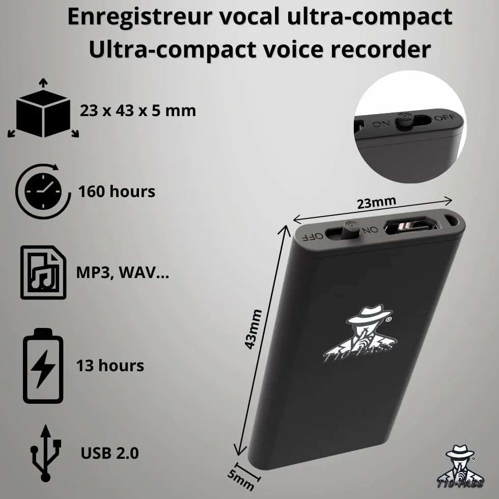 T10-PASS Micro espionaje - La grabadora de voz ultracompacta más pequeña (4 x 2 cm, 5 mm de grosor), discreta e ideal para reuniones, coches, vigilancia y conferencias