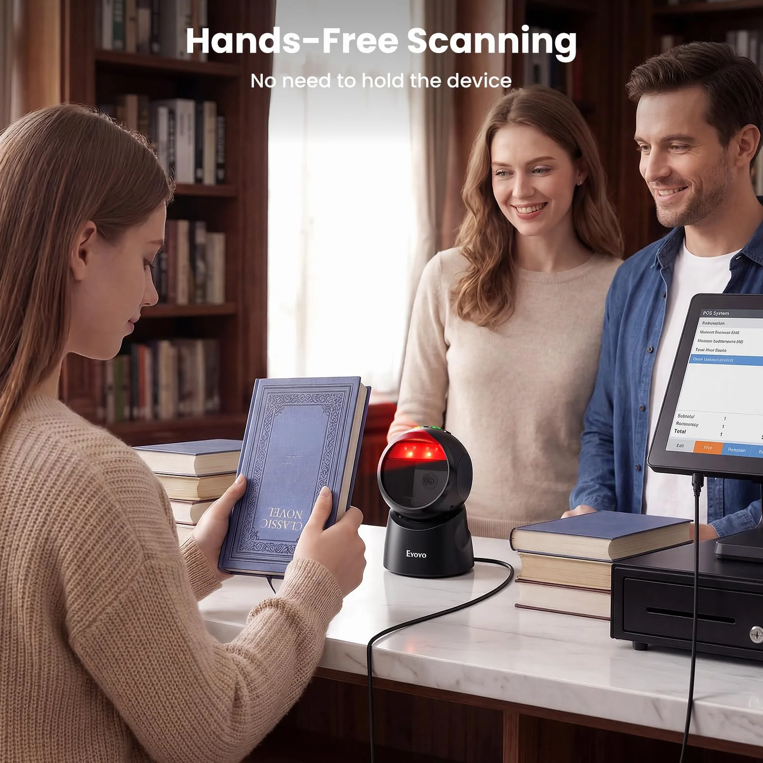Escáner de códigos de barras de escritorio USB Eyoyo, lector de códigos de barras automático omnidireccional manos libres 2D QR, escaneo con cable para PC, punto de venta, biblioteca, librería, minori