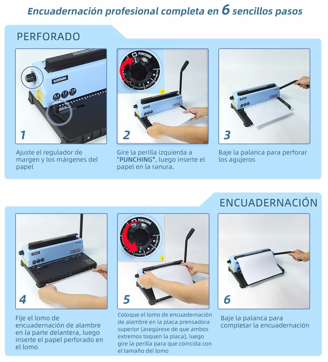 RAYSON Encuadernadora Espiral Metálica, 34 Agujeros, Encuaderna 120 Hojas, TD-130