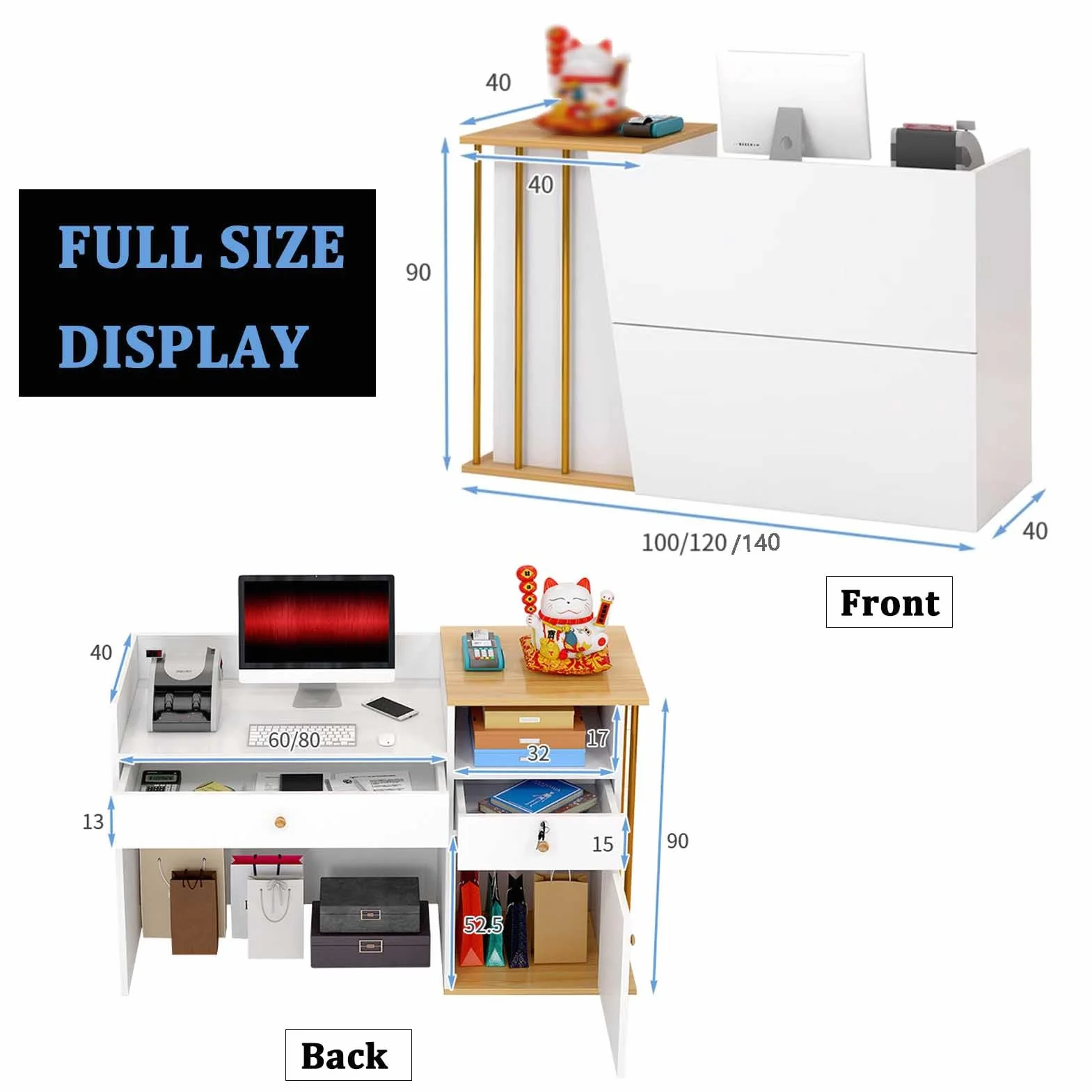 Mostrador de Recepción con Cajones y Estantes 120cm Mesa de Mostrador Moderno