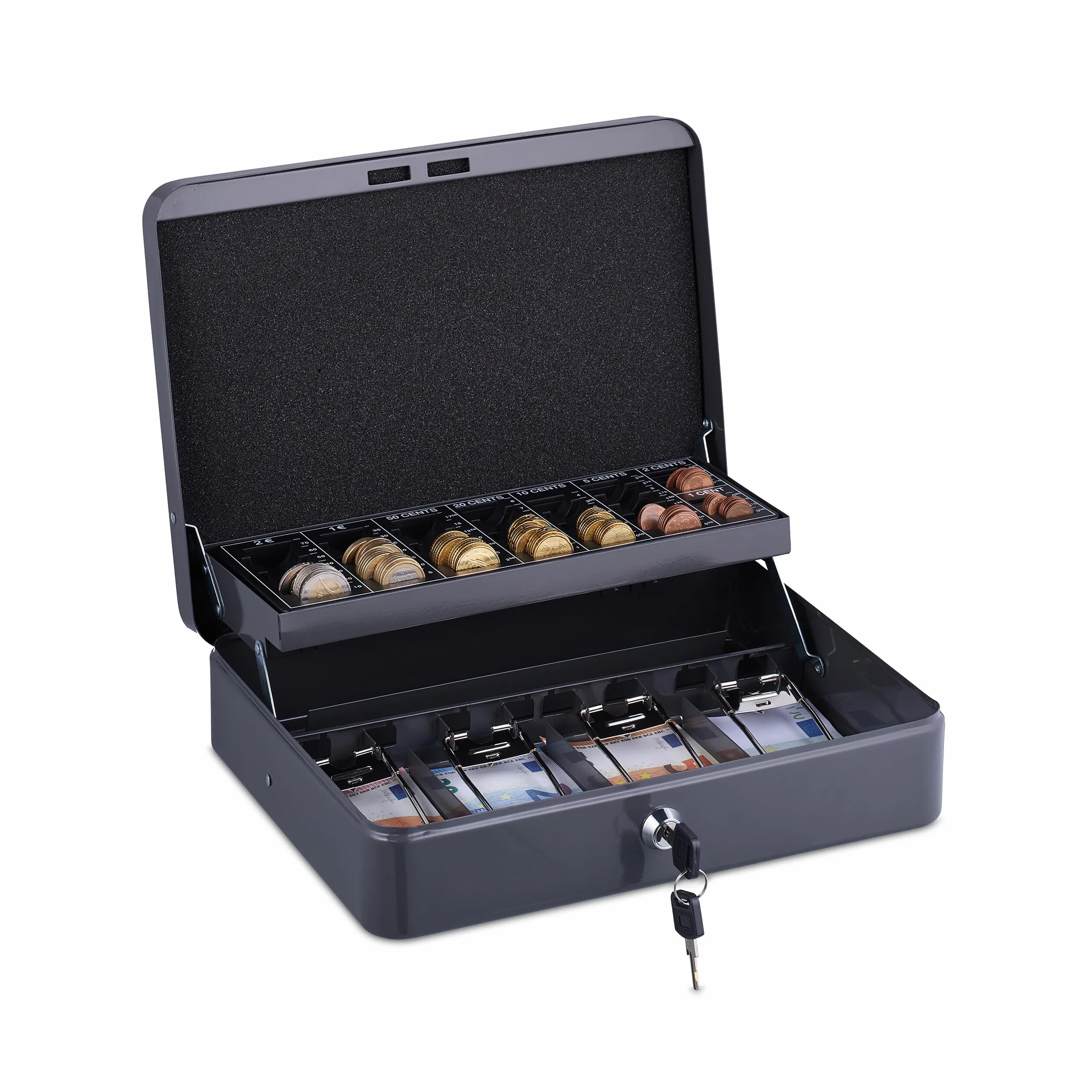 Relaxdays Caja de Dinero, con Cerradura, Hierro, Bandeja para Monedas y 4 Espacios para Billetes, 8,5x30,5x24,5 cm, Gris