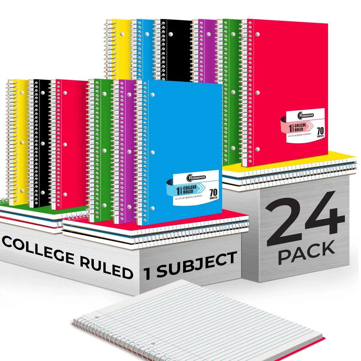 Rosmonde Cuaderno en espiral, paquete de 24, 1 materia, rayado universitario, 70 hojas, 8 x 10-1/2 pulgadas, 3 agujeros perforados, cuaderno en espiral a granel con rayas universitarias para la