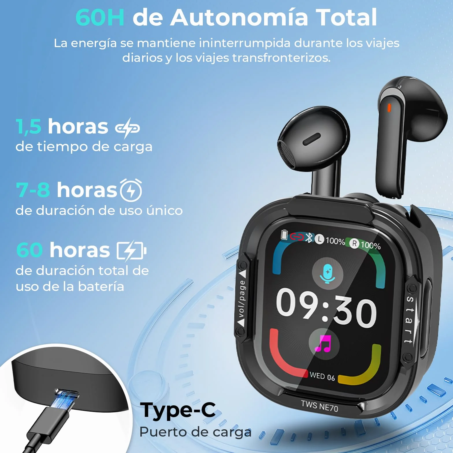 NE70 AI Auriculares Traductores con Pantalla LCD, Soporta 134 Idiomas y 9 Modos de Traducción, Auriculares Traductor en Tiempo Real con Tecnología Bluetooth 6.0, 60H de Duración de la Batería