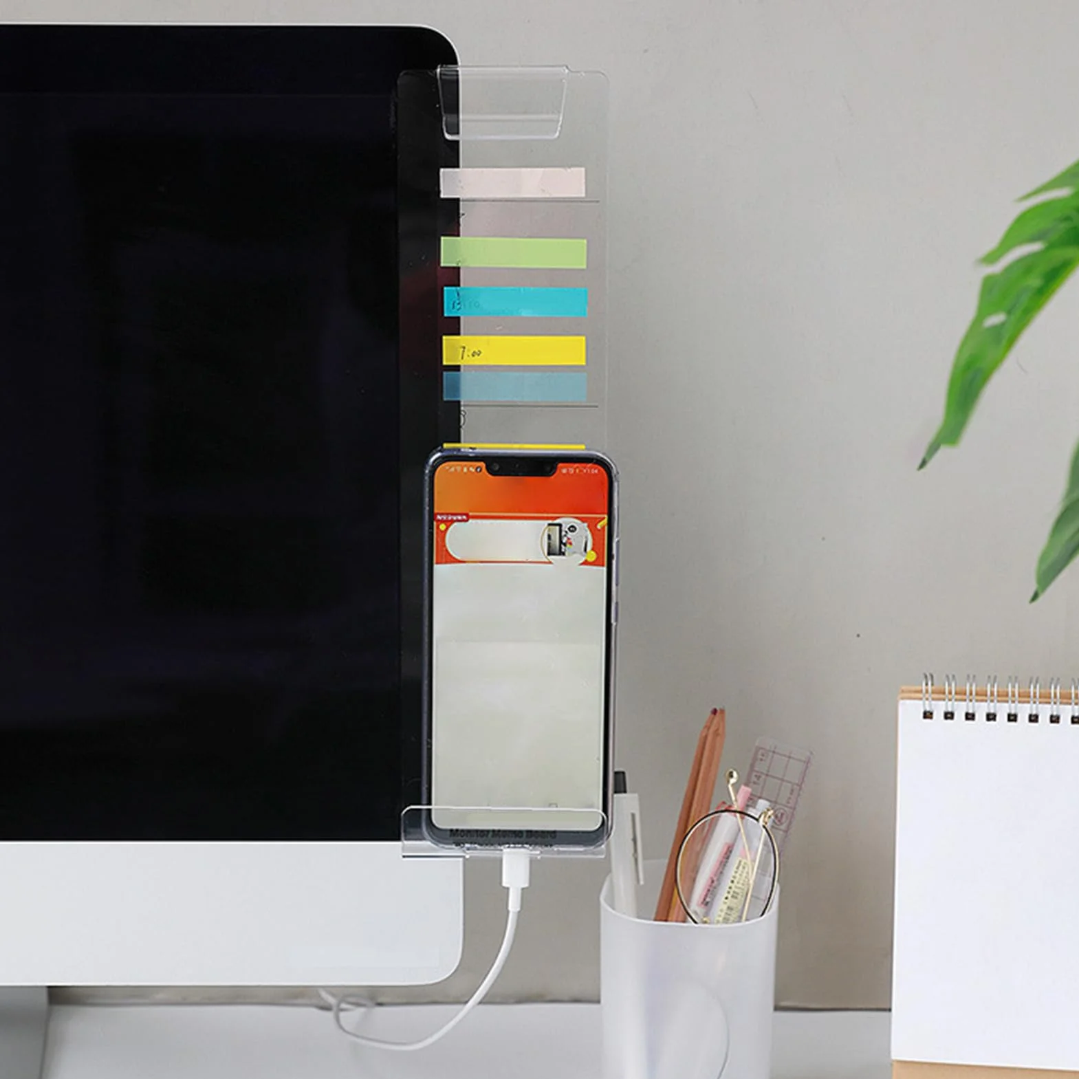 Porta Notas Para Monitor | Panel Lateral Acrílico Transparente Para Computadora | Organizador Adhesivo De Mensajes Para Escritorio Con Montaje Lateral Y Accesorios De Oficina Para Teléfono Y