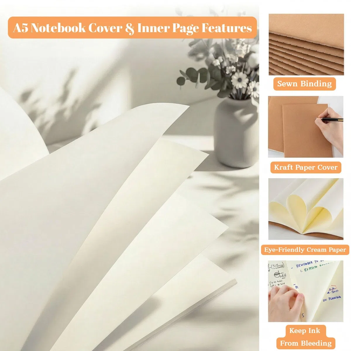 Cuadernos A5 en Blanco Pack de 100, Libretas de Notas 60 Páginas Bloc de Notas Couverture Kraft para Oficina, Escuela, Seminarios & Creativos