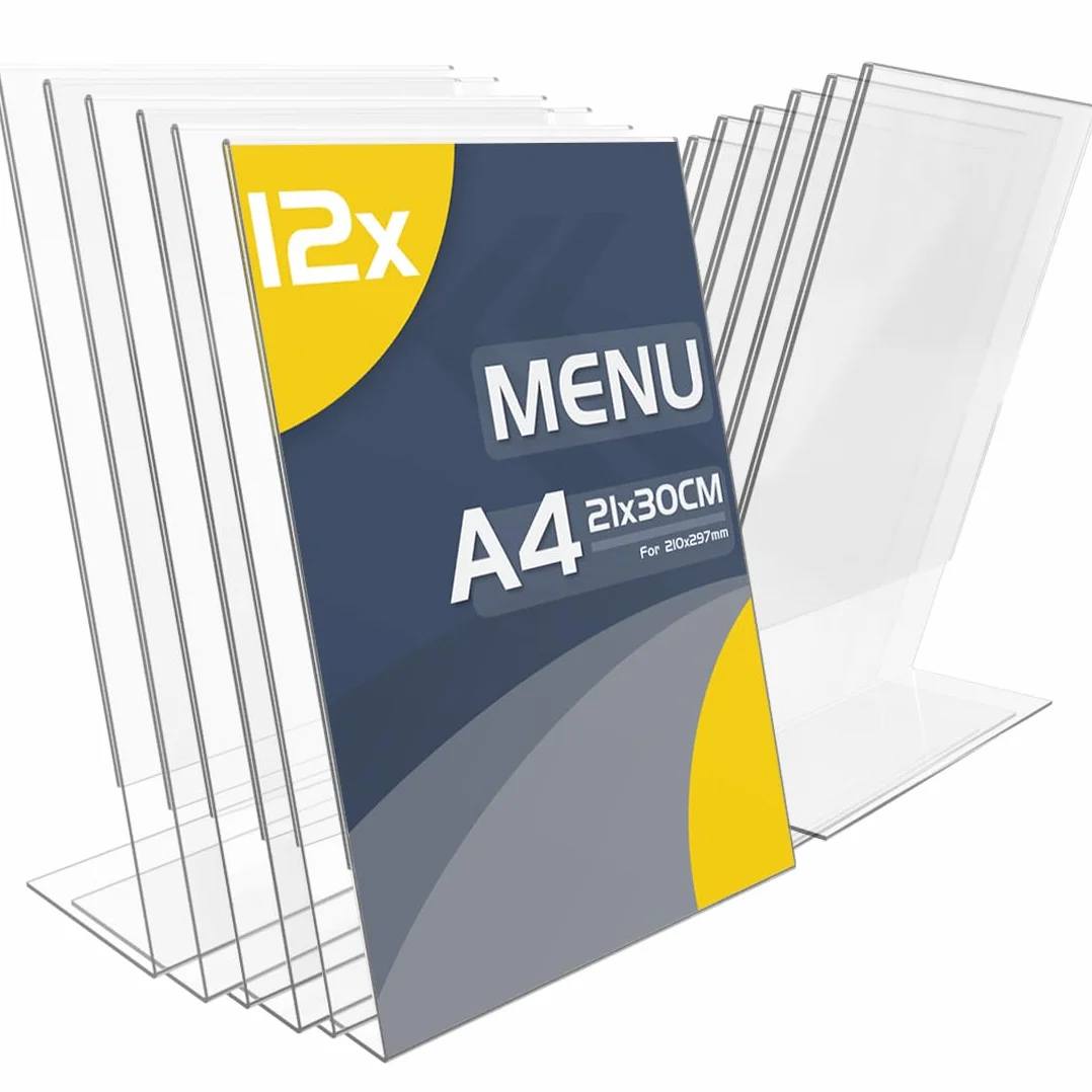 Expositor Metacrilato Transparente A4, Soporte de Escritorio, Porta Precio para Oficinas Comercios (12 Piezas)