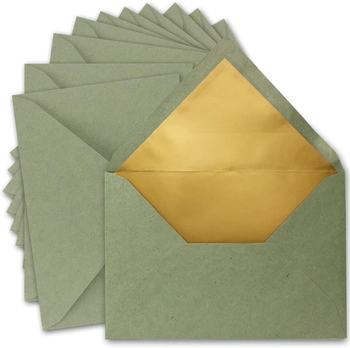 100 sobres DIN C5, 15,6 x 22 cm, de papel kraft en verde con forro de seda dorado, pegado en húmedo, de la serie UmWelt