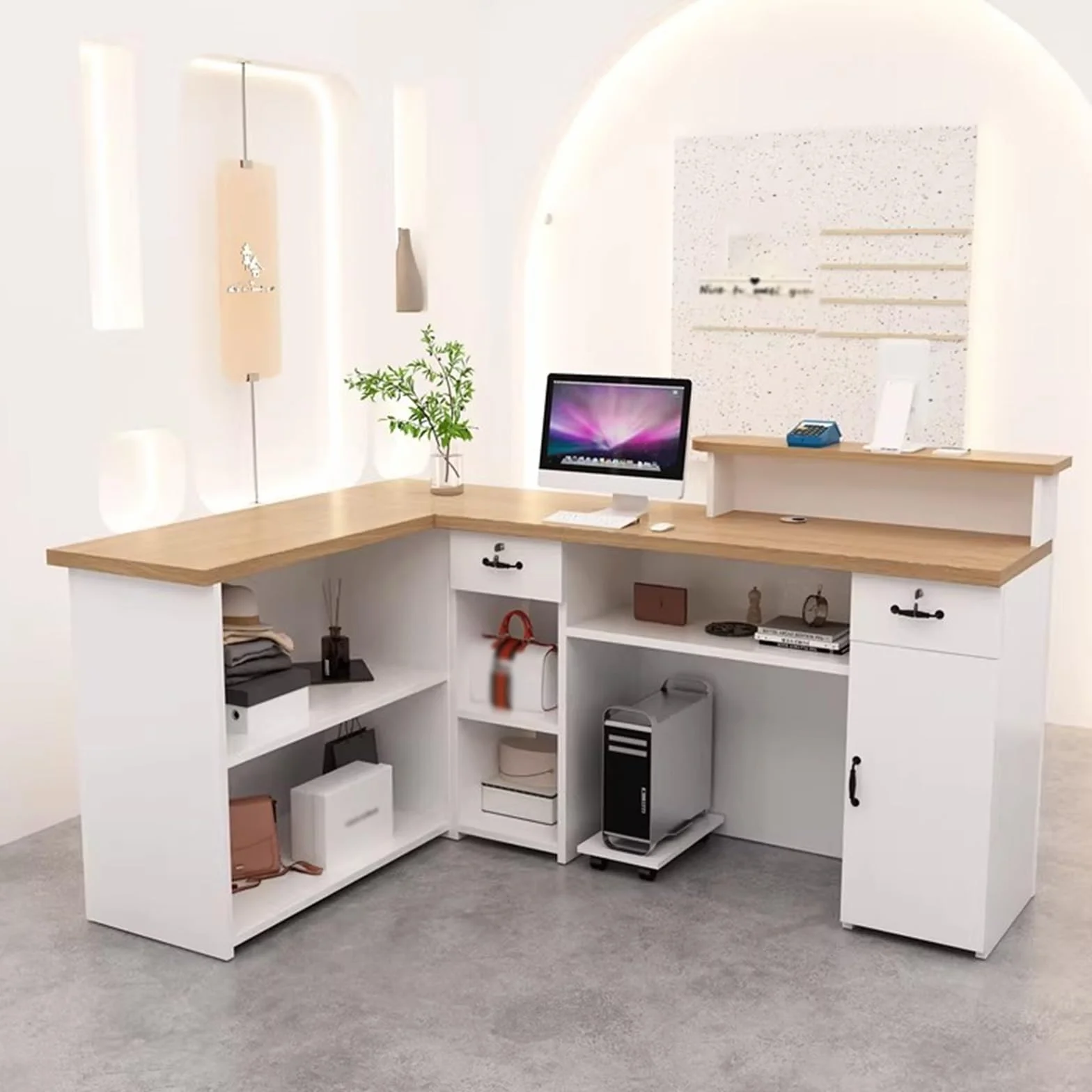 Mostrador de Recepción con Cajones y Estantes Abiertos, Madera y Blanco, 180cm
