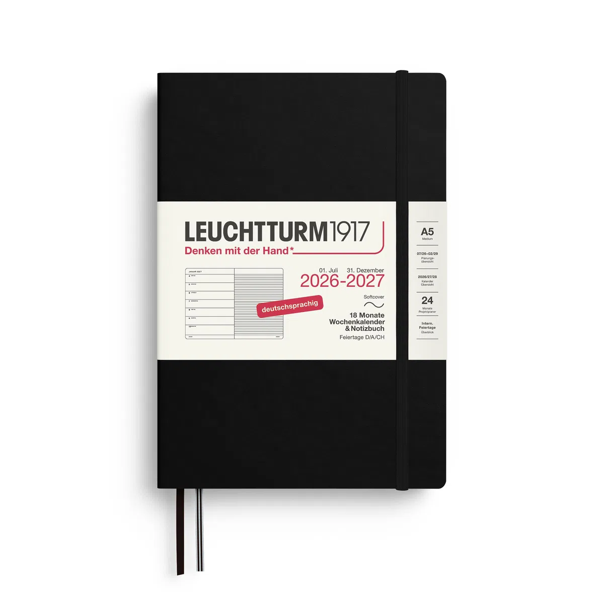 LEUCHTTURM1917 Agenda semanal 2027 A5 con cuaderno, a rayas, agenda alemana, 18 meses de julio de 2026 a diciembre de 2027, negro, tapa blanda, 210 x 145 mm, vista semanal izquierda + página de notas