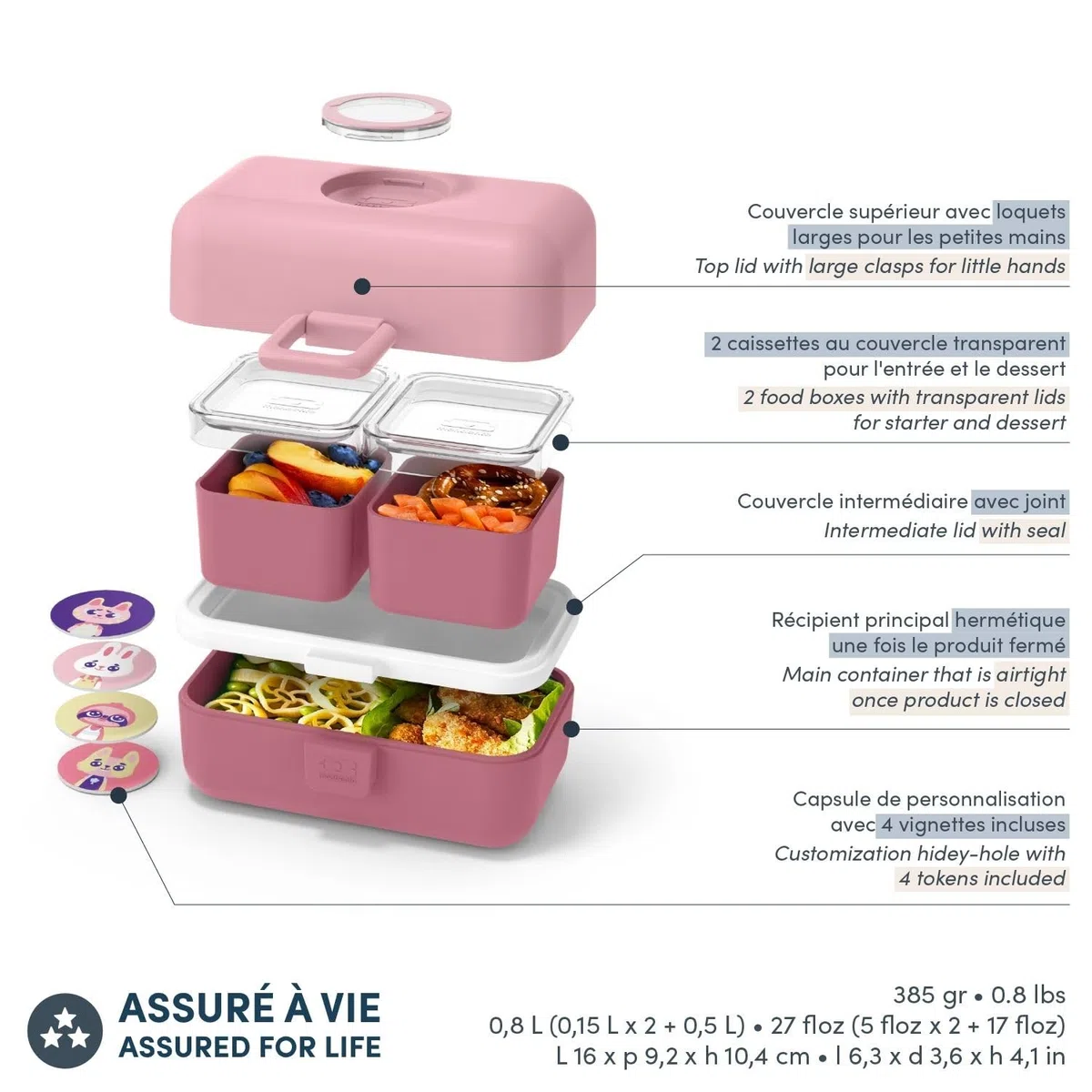 monbento - MB Tresor Blush Fiambrera infantil rosa - Lonchera para niños 3 Compartimientos - Caja merienda - Bento box sin BPA - segura y duradera