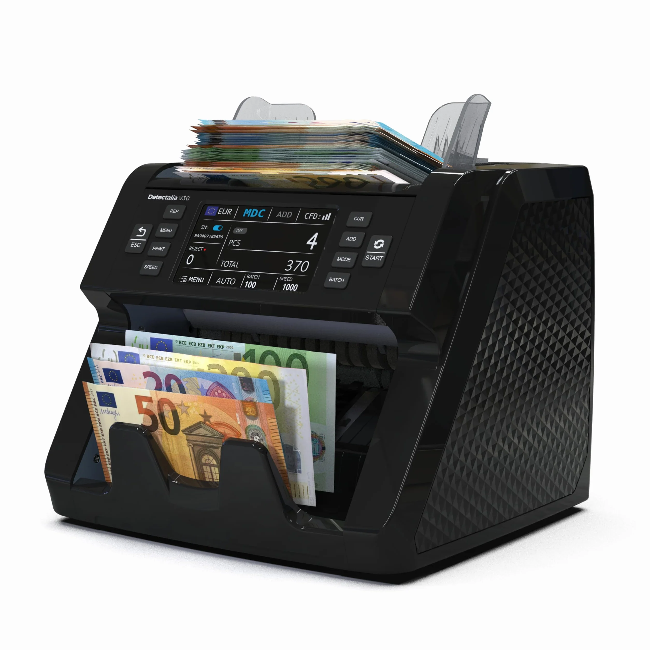 Detectalia V30 Contador de Billetes Detector Falsos Doble CIS Pantalla Táctil 4.5" Multidivisa 1200 Billetes/Minuto USB