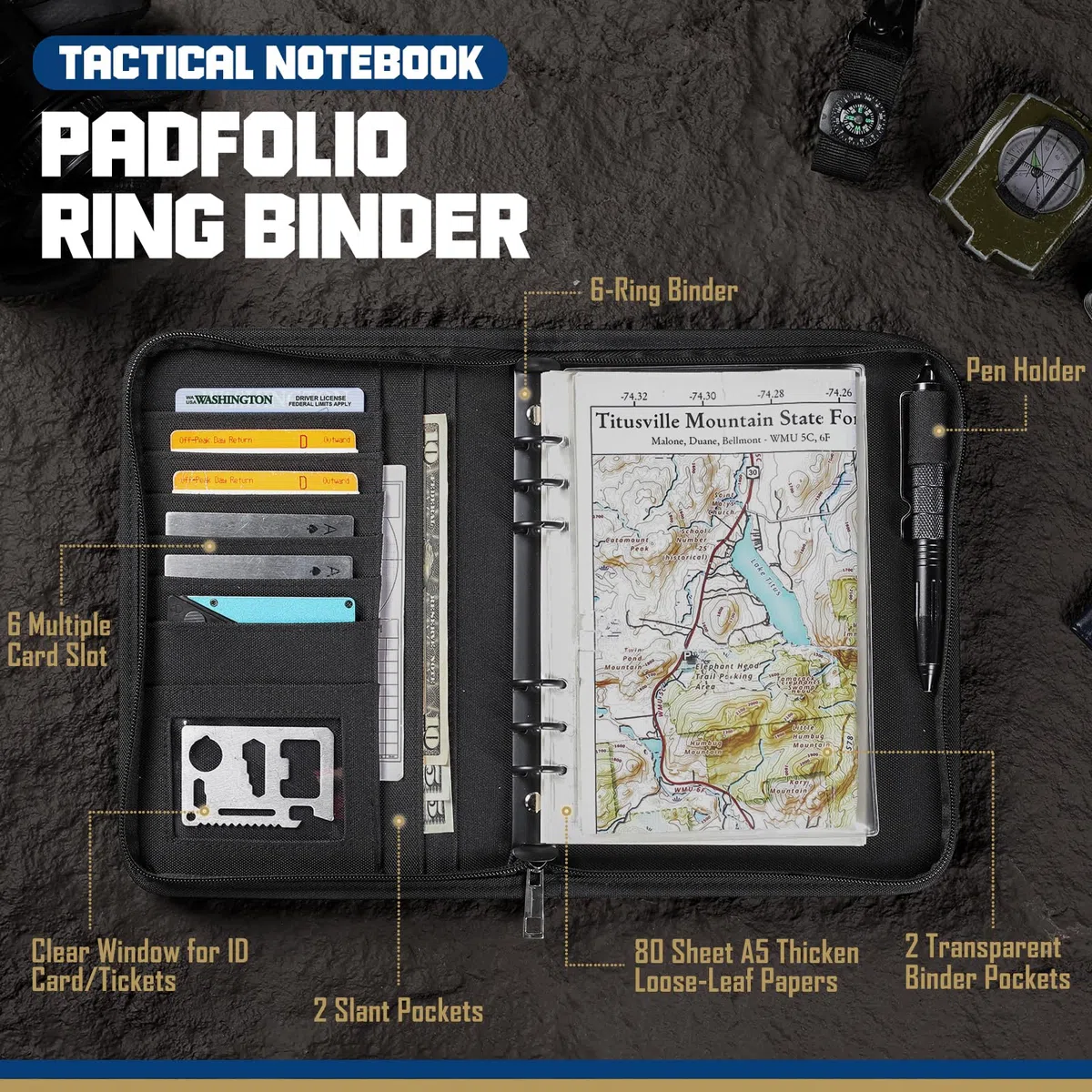 WYNEX Cuaderno TáCtico Padfolio Con 80 Hojas, Cuaderno Militar Militar, Carpeta TáCtica Con Cremallera Para Equipo TáCtico Y Organizador, Recargable, A5, 6 Anillas
