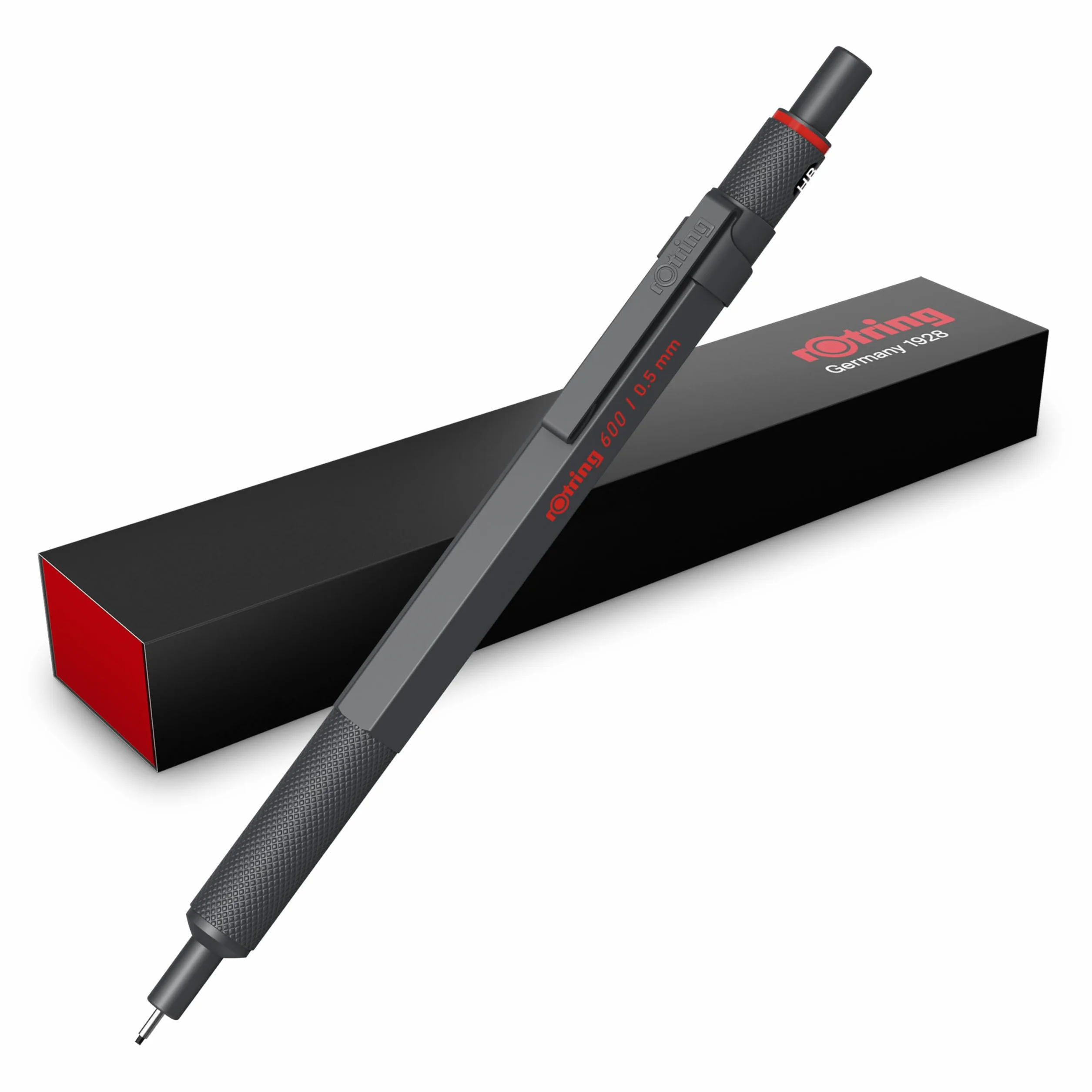 rOtring 600 Portaminas | Mina HB0,5 mm | Portaminas con cuerpo metalizado completo | Piedra oscura | Agarre estriado antideslizante y cuerpo hexagonal