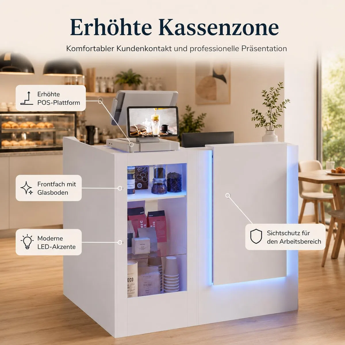 Caldion Moderno mostrador de recepción con iluminación LED con cajón de tatuaje, mostrador de recepción de cristal templado, mesa de recepción en forma de L, color blanco, 120 x 100 x 103 cm