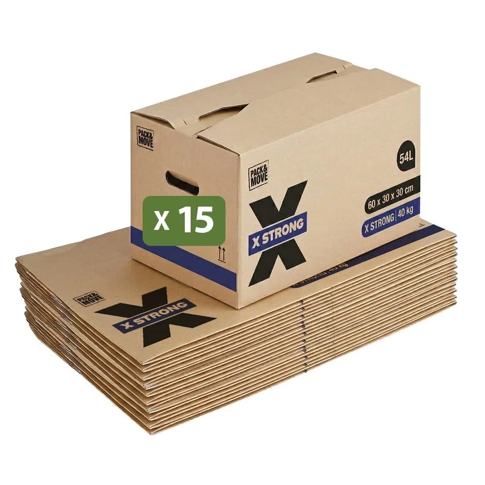 Pack and Move – Lote de 15 cajas de desplazamiento X Strong – 60 x 30 x 30 cm – Carga 40 kg – Extrema resistencia – Gran capacidad
