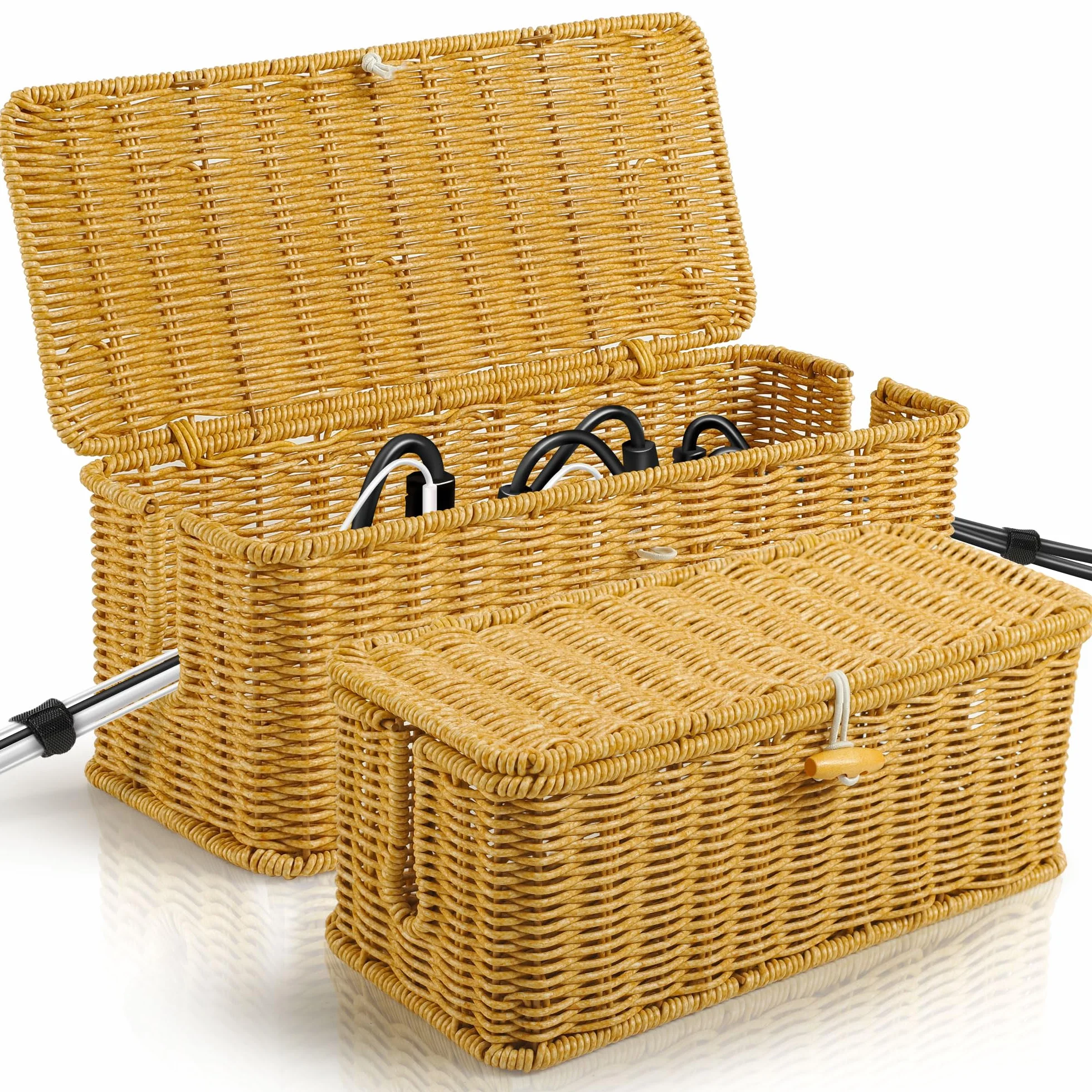 Gucass Juego de 2 Organizadora Cables de Ratán, Cajas Guarda Cables con Tapa, Caja para Cables con 10 Bridas, Organizador Cables Caja para Ocultar Regletas de Enchufes y Cables, para Oficina, Hogar