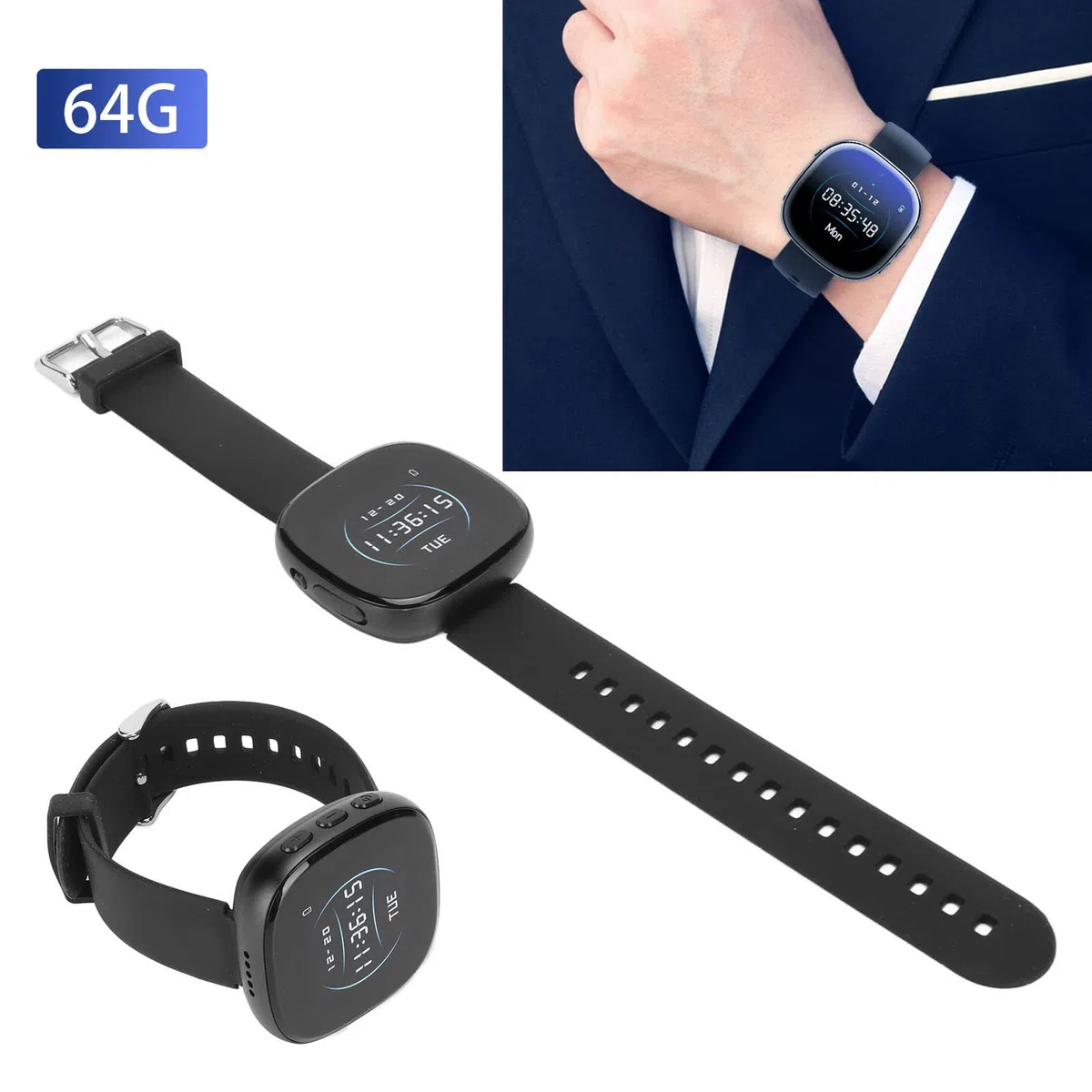 Grabadora de Vídeo Digital, Botón de Grabación Independiente Reloj Grabador HD 1080P Activado por Voz Inteligente para Entrevistas (64G)