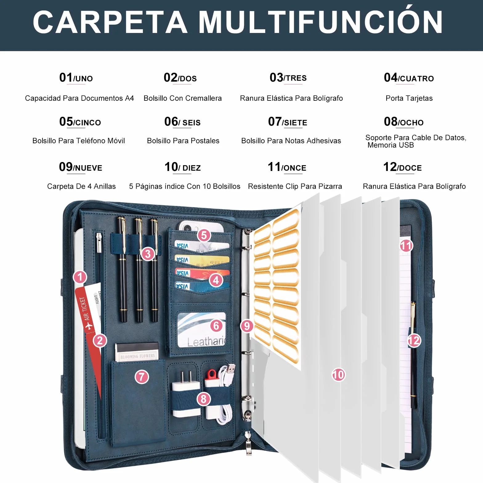 Carpeta A4 de Piel Vegana Leathario, Cuaderno Porta Documentos con Encuadernación de Anillos