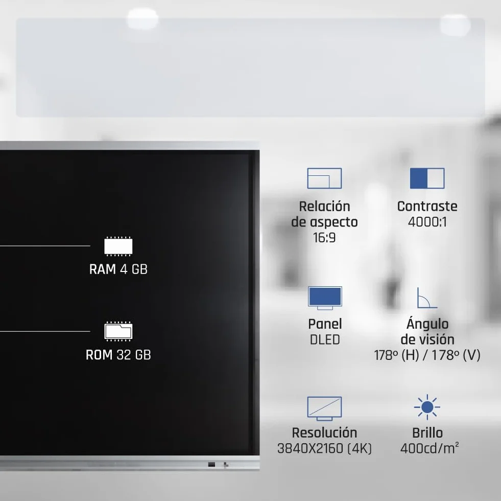 iggual Pantalla interactiva táctil ORCHID 75"- Smart Board - DLED 4K - Procesador 8 núcleos A55 - RAM 4GB+ROM 32 GB. SO - Android 14 - Pizarra digital, Oficina y aula - Trasferencia inalámbrica datos.