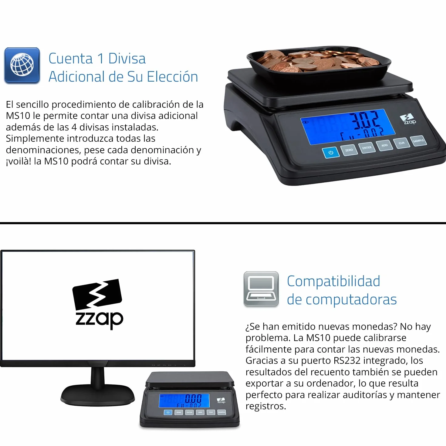 ZZap MS10 Báscula contadora de monedas 5 divisas 3 kg pantalla retroiluminada batería