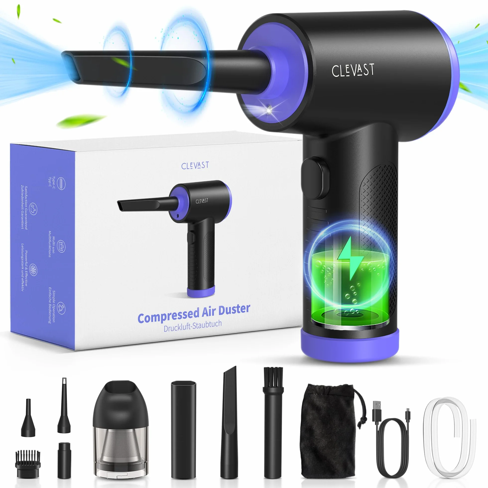 CLEVAST Soplador de Polvo Eléctrico, 3 in 1 Plumero de Aire Comprimido 110000RPM, 3 Velocidades Aire Comprimido Limpieza PC Con LED, Soplador de Aire para Laptop Teclado