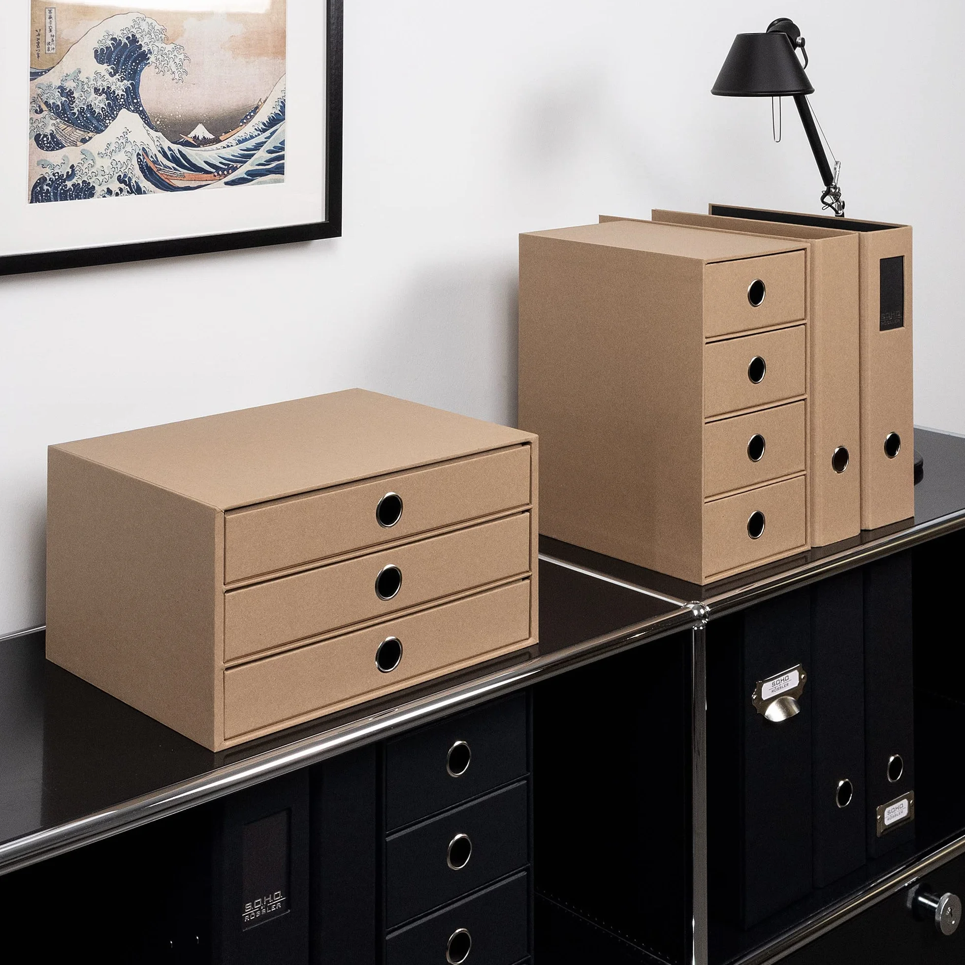 Rössler Papier 1524452623 - S.O.H.O. Caja de 3 cajones para DIN A4, con agujero de agarre, Kraft, 343 x 250 x 185 mm, 1 unidad