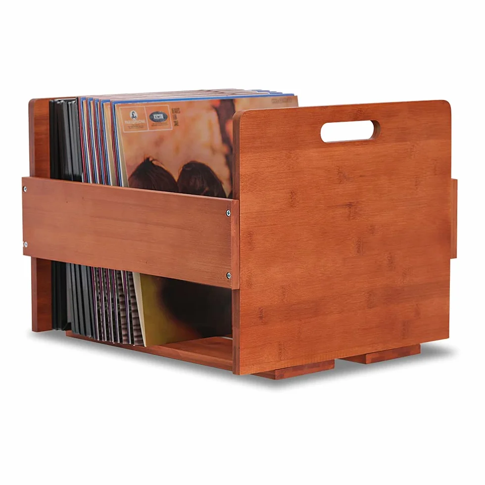 Caja de Almacenamiento para Discos de Vinilo Vintage Bambú Capacidad 80 LP Álbumes Marrón Oscuro