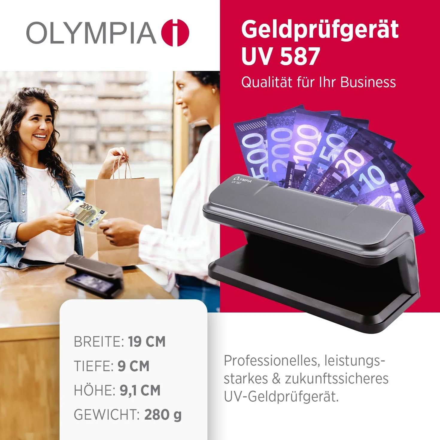 Olympia Detector de billetes UV 587, luz UV 365 nm, 2 LED UV 3 W, comprobador billetes falsos USB