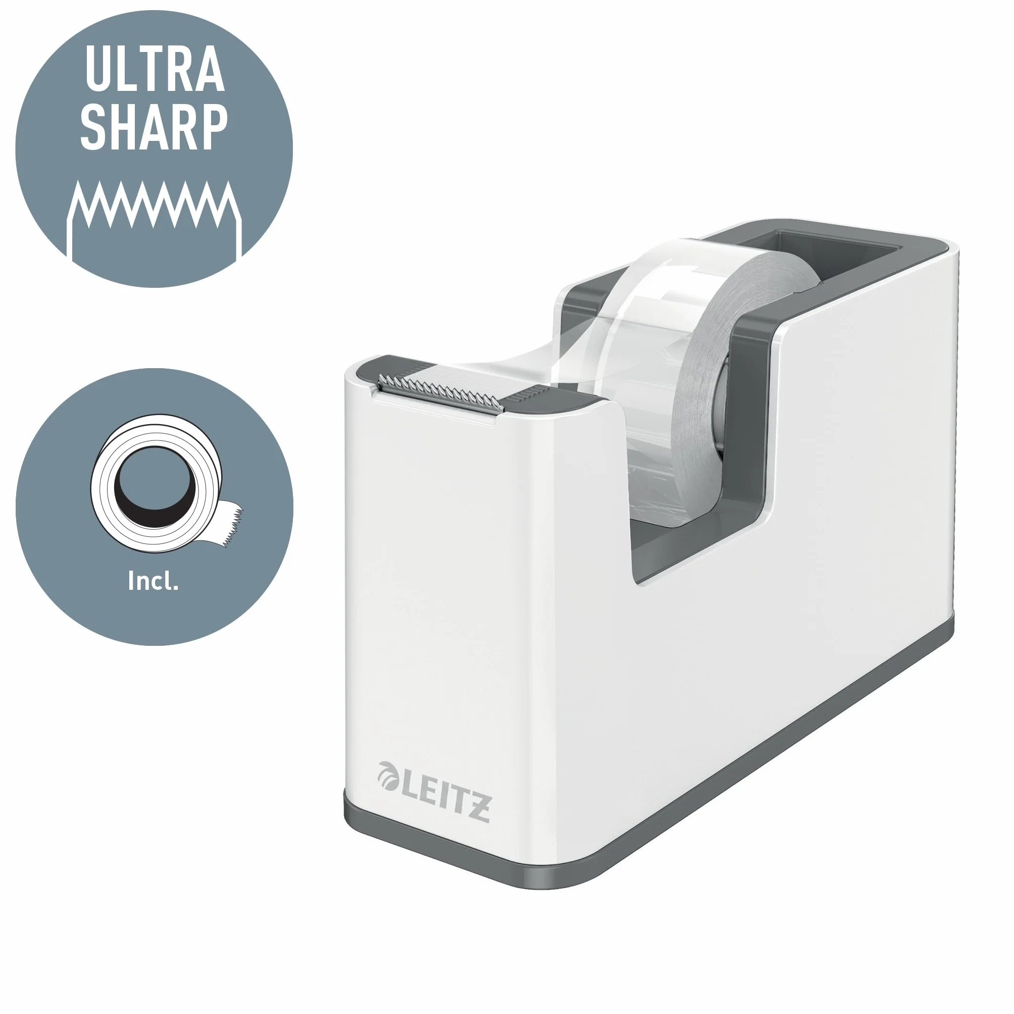 Leitz WOW Dispensador de Cinta, Base Robusta, Incluye un Rollo de Cinta Adhesiva, Portarrollos de Cinta para Escritorio, Blanco/Rojo, 53641026