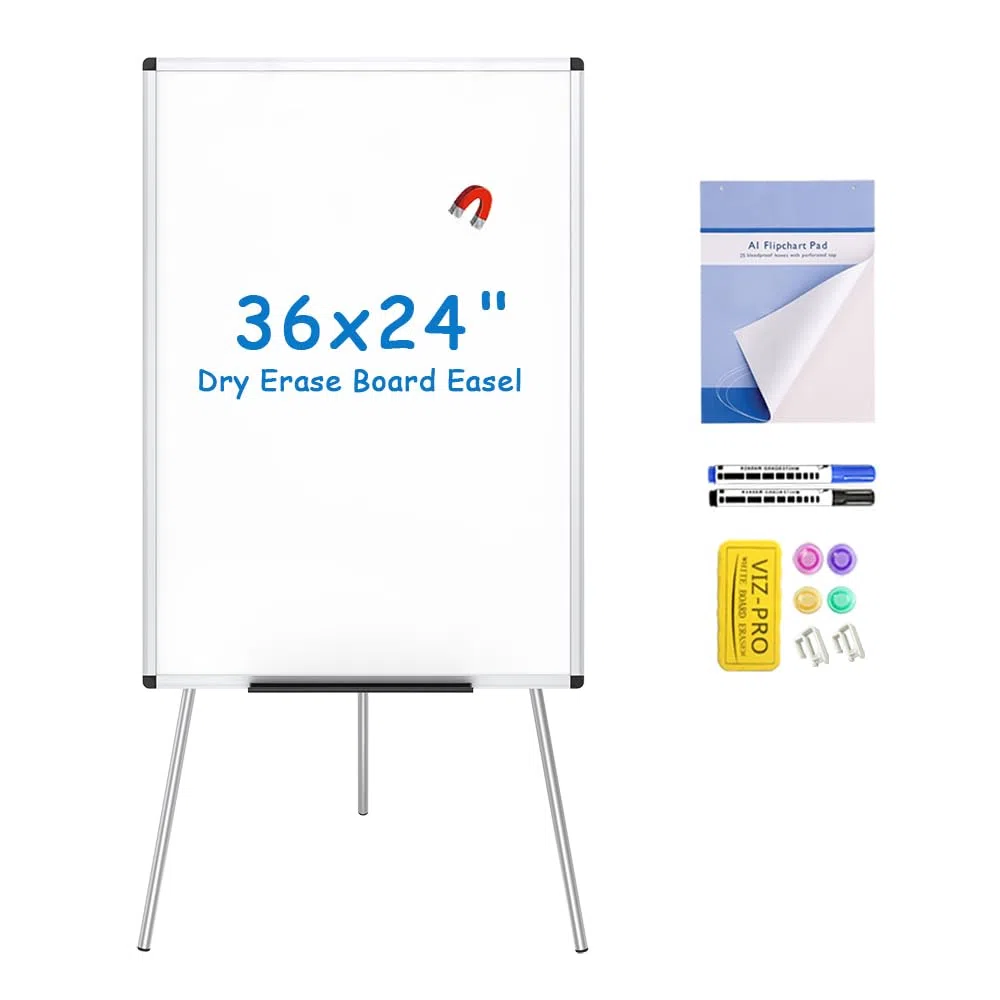 VIZ-PRO Pizarra blanca magnética con caballete y altura ajustable, 90x60 cm, portátil y con bandeja. Incluye 14 rotuladores, 1 bloc de rotafolios, 1 borrador y 4 imanes