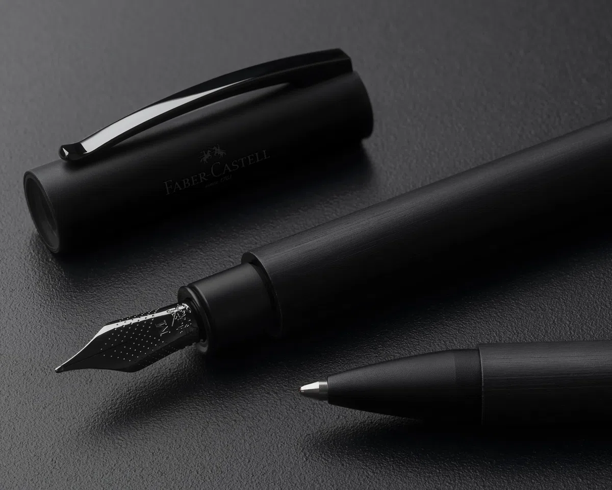 FABER-CASTELL - Pluma estilográfica Ambition All Black, plumín F | Pluma estilográfica negra con plumín de acero inoxidable, cartuchos y convertidor, incluye estuche de regalo