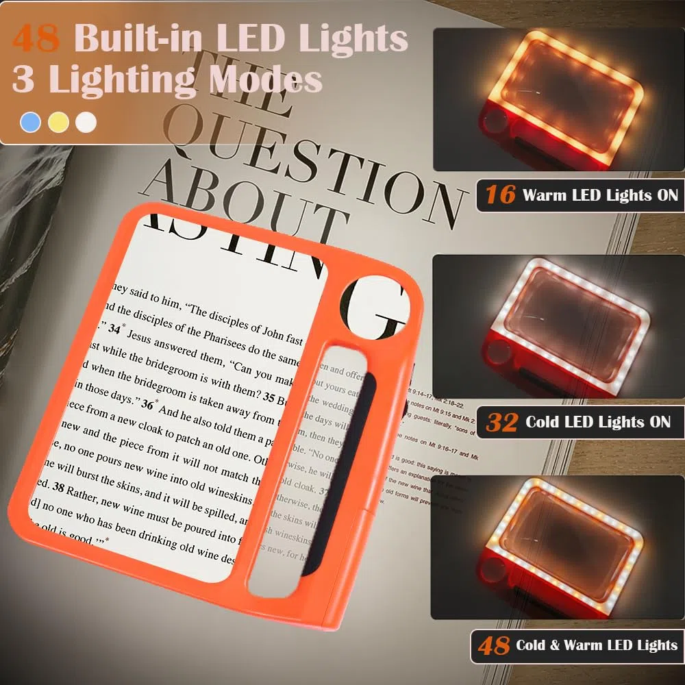 Lupa de página completa de 5 x 10 aumentos para leer, recargable con 48 luces LED ajustables y 3 modos de luz, agarre cómodo y lupa de mano ligera para personas mayores, ayuda de lectura, baja
