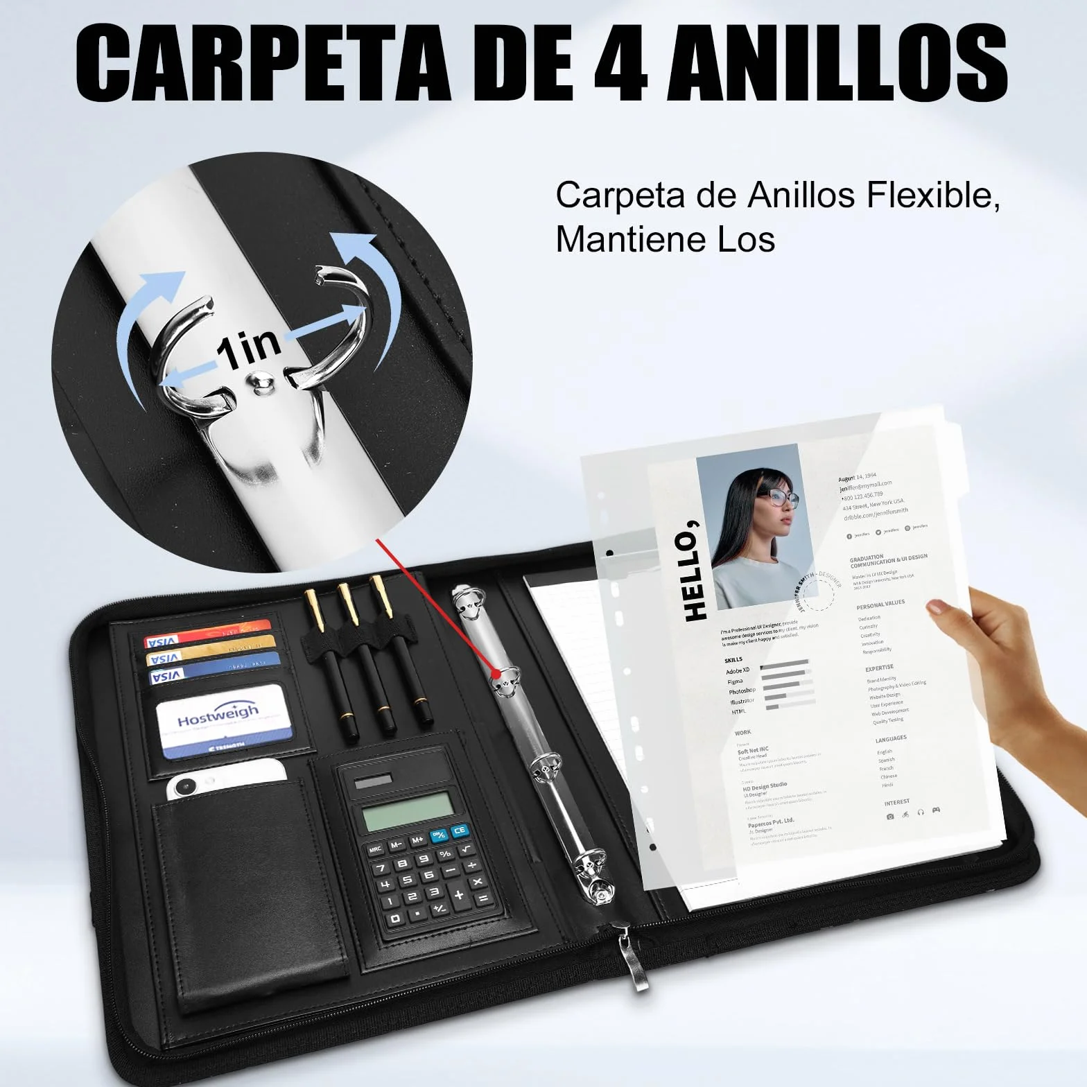 Leathario Carpeta Portadocumentos A4 en Piel Vegana, con Asa, Cuaderno, Portadocumentos con Bloc de Notas y Encuadernación de Anillas, Protectores de Hojas para Entrevistas, Viajes, Reuniones