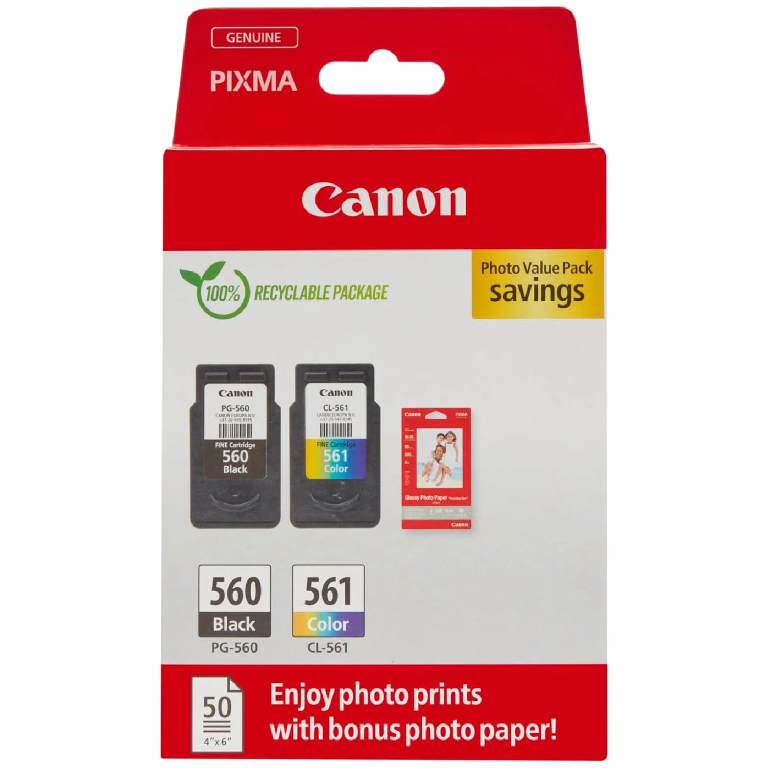 Canon Tinta y Papel Multipack - PG-560/CL-561 Cartuchos de Tinta Originales 2 Pack (1 x Negro, 1 x Color) y Papel fotográfico 4x6 (50 x Hojas) - Compatible con impresoras PIXMA