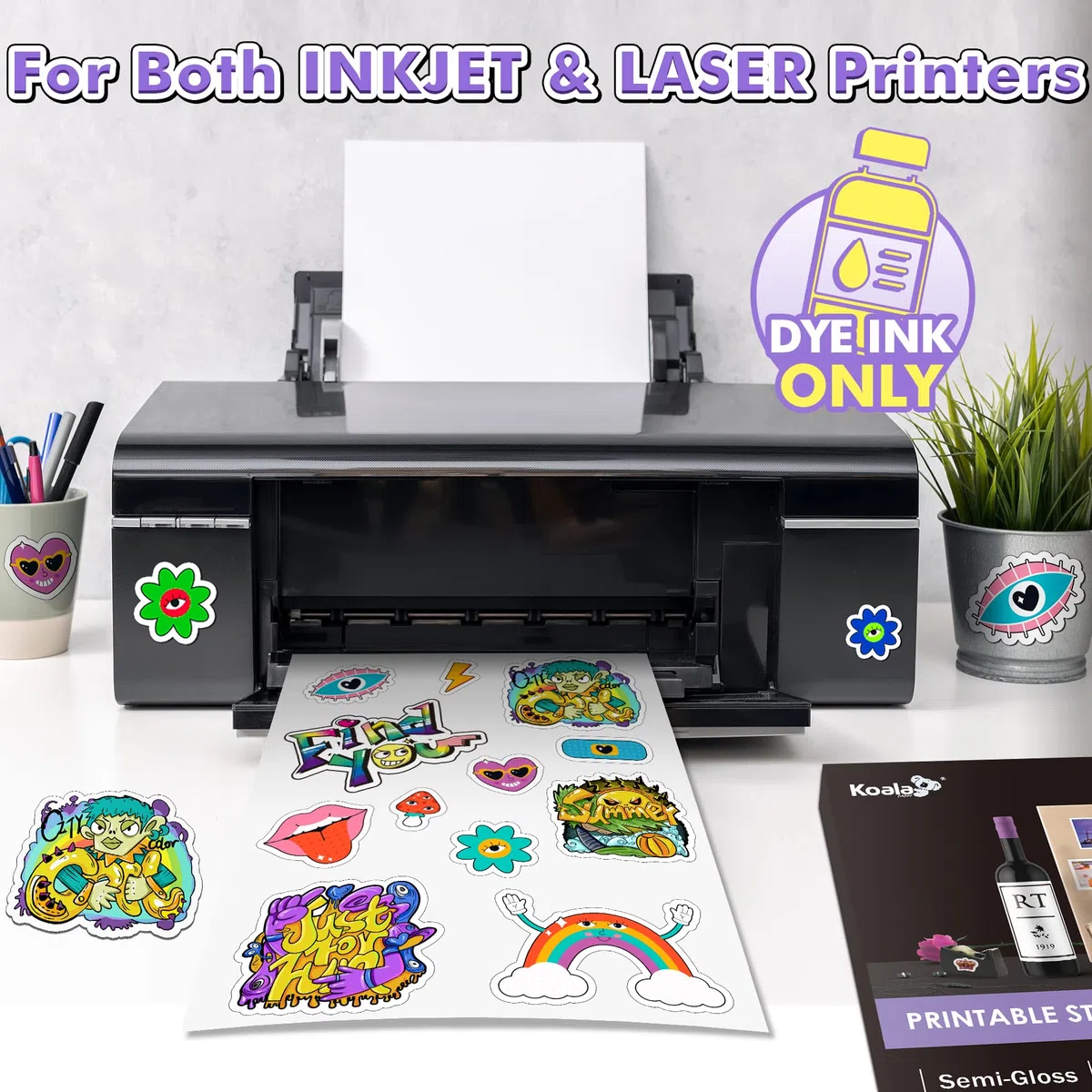 Koala - Papel adhesivo semibrillante para impresora de inyección de tinta y láser, 100 hojas de papel adhesivo fotográfico imprimible de 8.5 x 11 pulgadas, funciona bien con máquina de corte