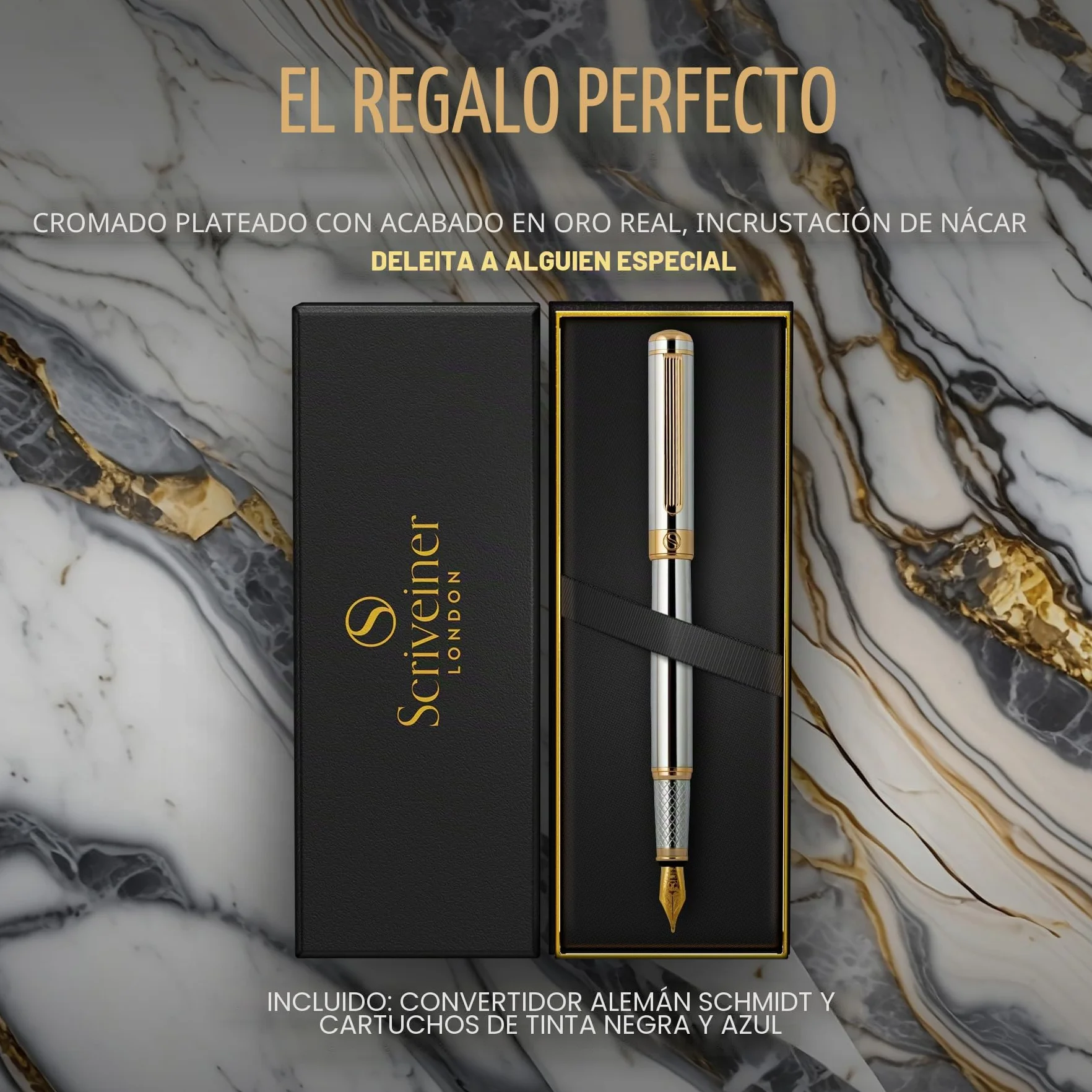 Scriveiner Pluma Estilográfica Plateada con Detalles de Chapado en oro auténtico, Plumilla y Convertidor Instalado Schmidt, Incluye Dos Cartuchos de Tinta, Azul y Negro
