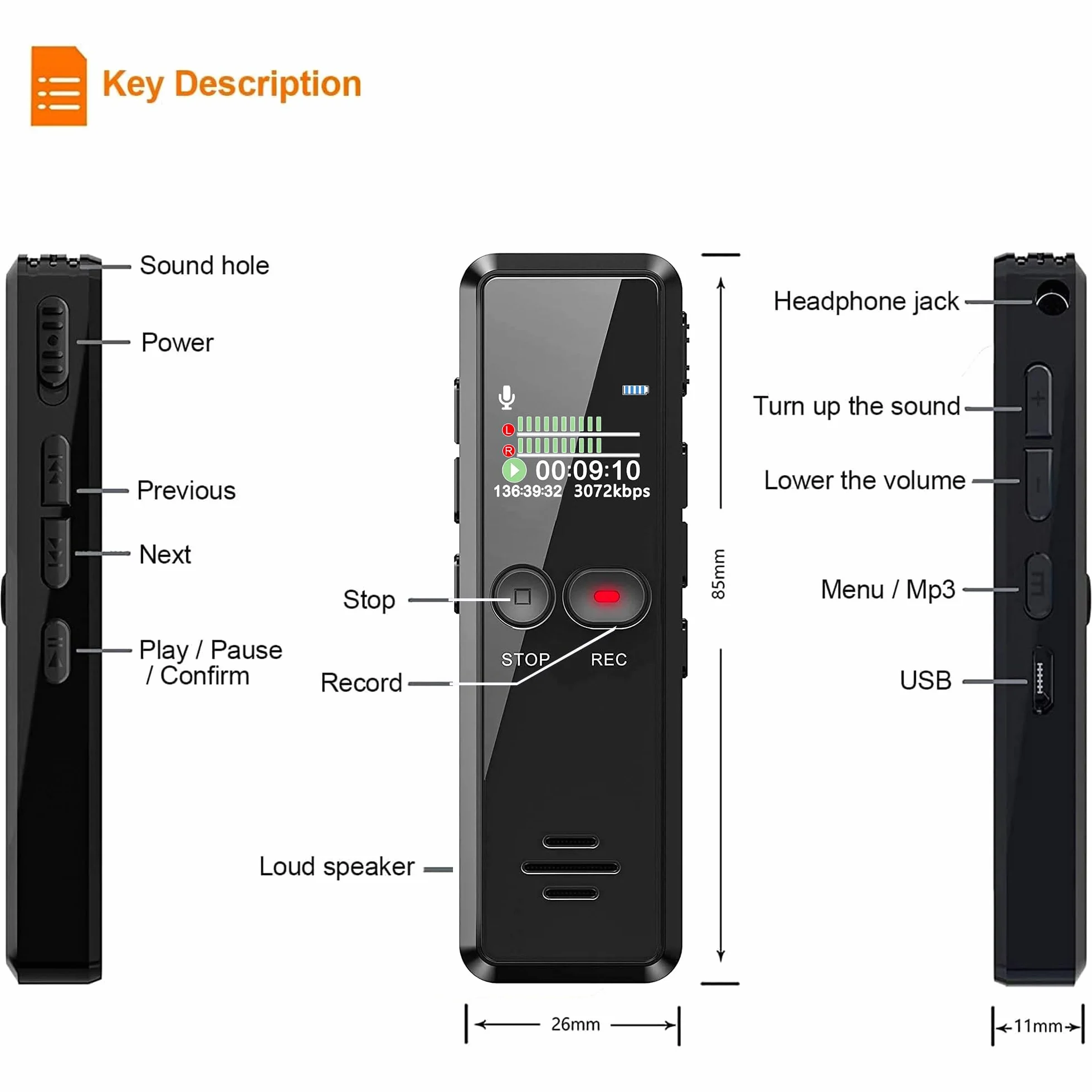 Grabadora de Voz Digital 8GB 1536 Kbps HD Audio con Reproductor MP3 USB Recargable