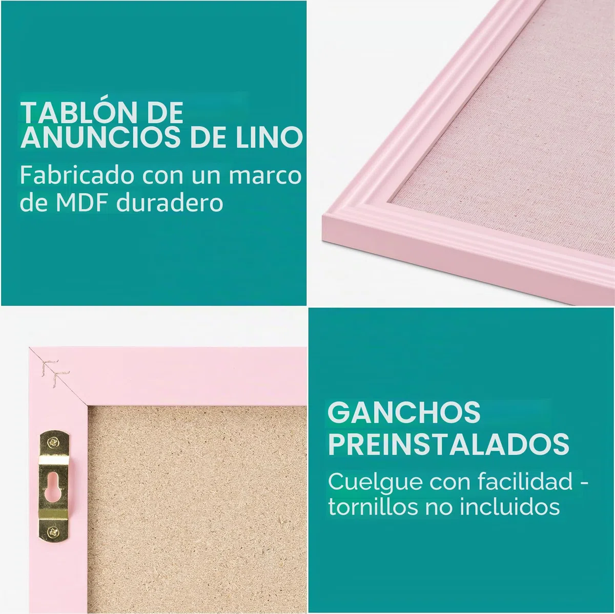 Navaris Tablero colgante rosa para fotos - Cartelera de pared de felpa para colgar joyas y notas - Con 6x chincheta y marco de MDF - 58 x 43 cm