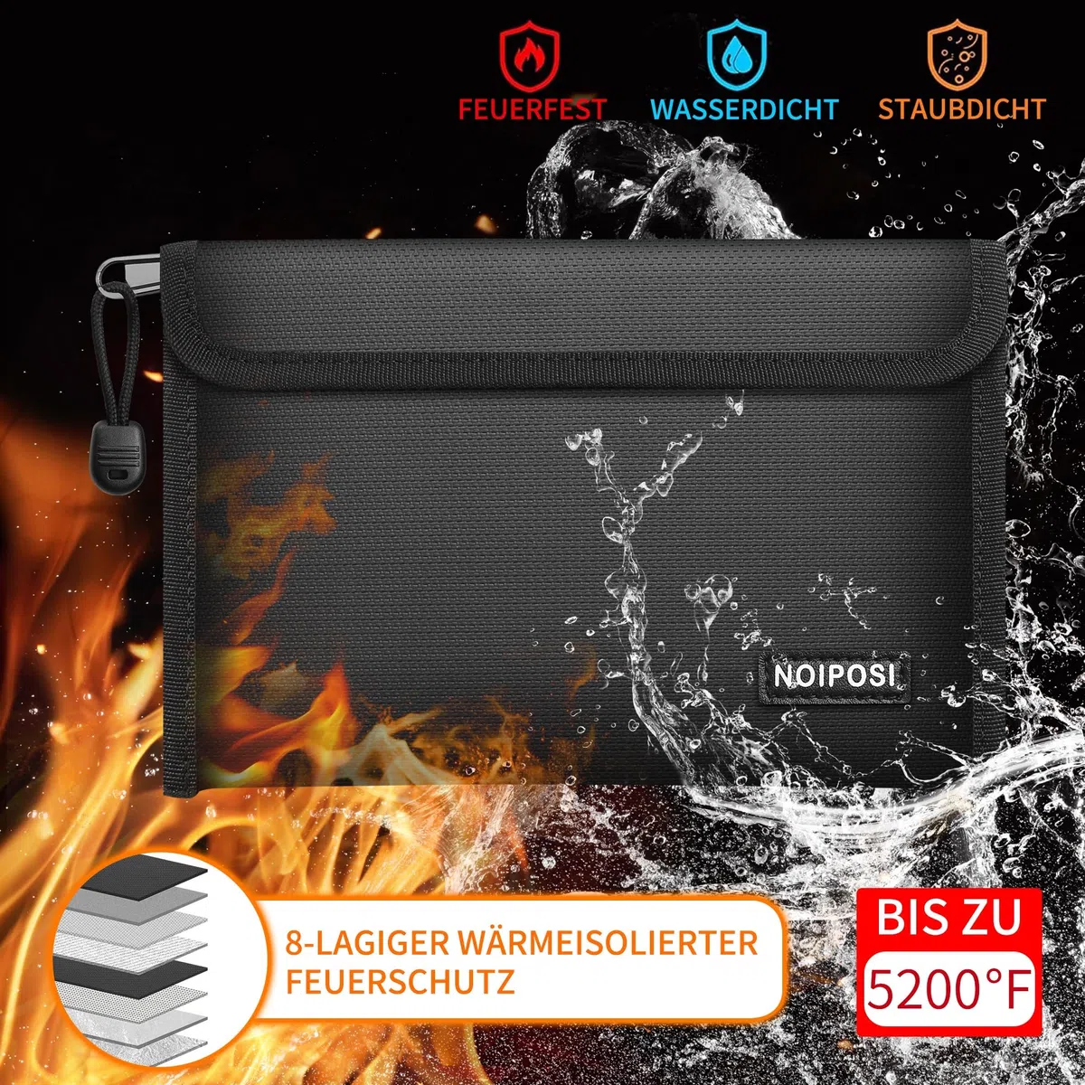 Noiposi Cartera Portadocumentos Ignífuga (juego de 2, 21,5 x 14 cm, 5200 ℉), 8 capas de aislamiento térmico, con ranura para tarjetas, bolsillo pequeño para dinero en efectivo, bolsillos de seguridad