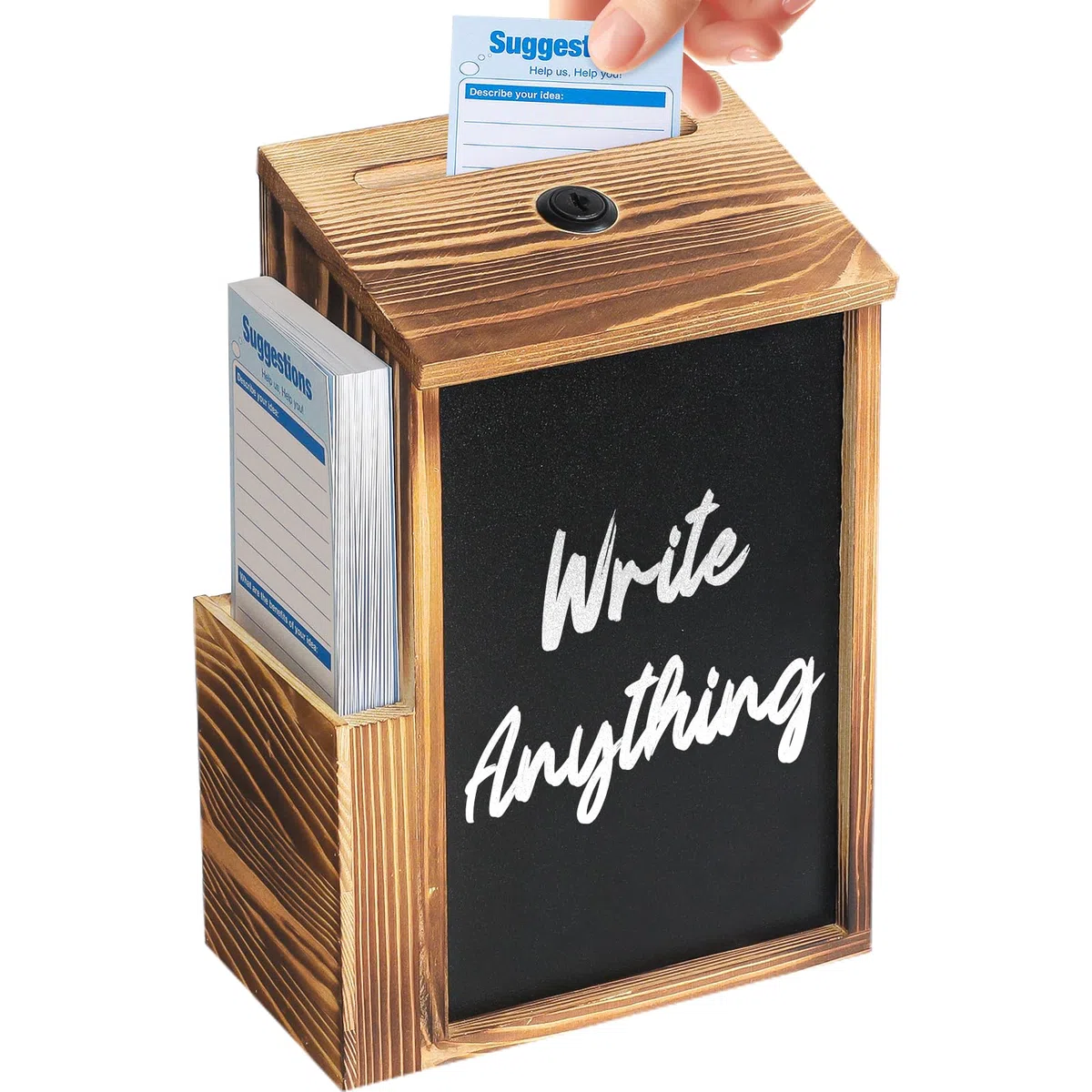 Uniclife Caja de sugerencias Wood, cajas de donativos de madera para recaudar fondos, caja de oraciones con pizarra y 50 tarjetas de sugerencias, urna para votos para bodas