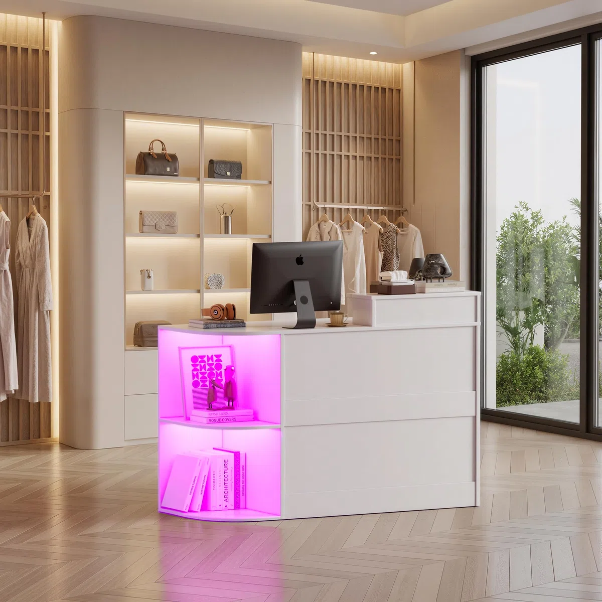 Mesita de recepción con iluminación LED, mostrador de recepción con cajones con cerradura, estante de exposición y bandeja para teclado, mesa de recepción moderna para salón, tienda, hotel, oficina