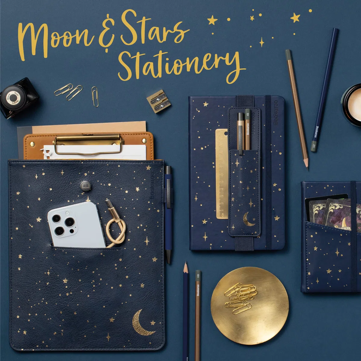 IF Bookaroo - Bolsa para libros, luna y estrellas, azul oscuro/dorado