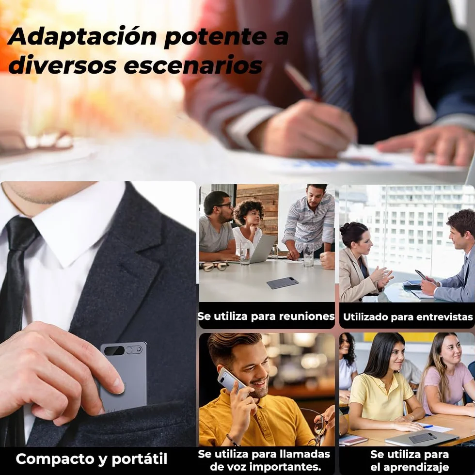 Grabadora de Voz Espía con Estuche Negro, Transcripción y Resumen IA, Soporte Multilingüe, App, 64 GB